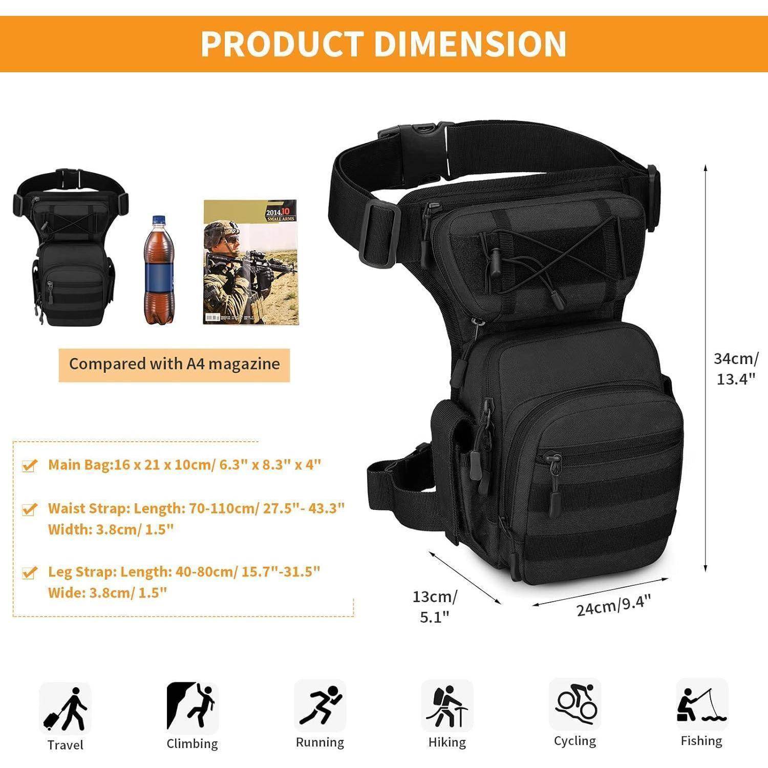 Produktdimensionsdiagramm einer schwarzen Hüft- und Beintasche, verglichen mit einer A4-Zeitschrift und einer Flasche, mit Größenmessungen und Nutzungssymbolen für Reisen, Klettern, Laufen, Wandern, Radfahren und Angeln.