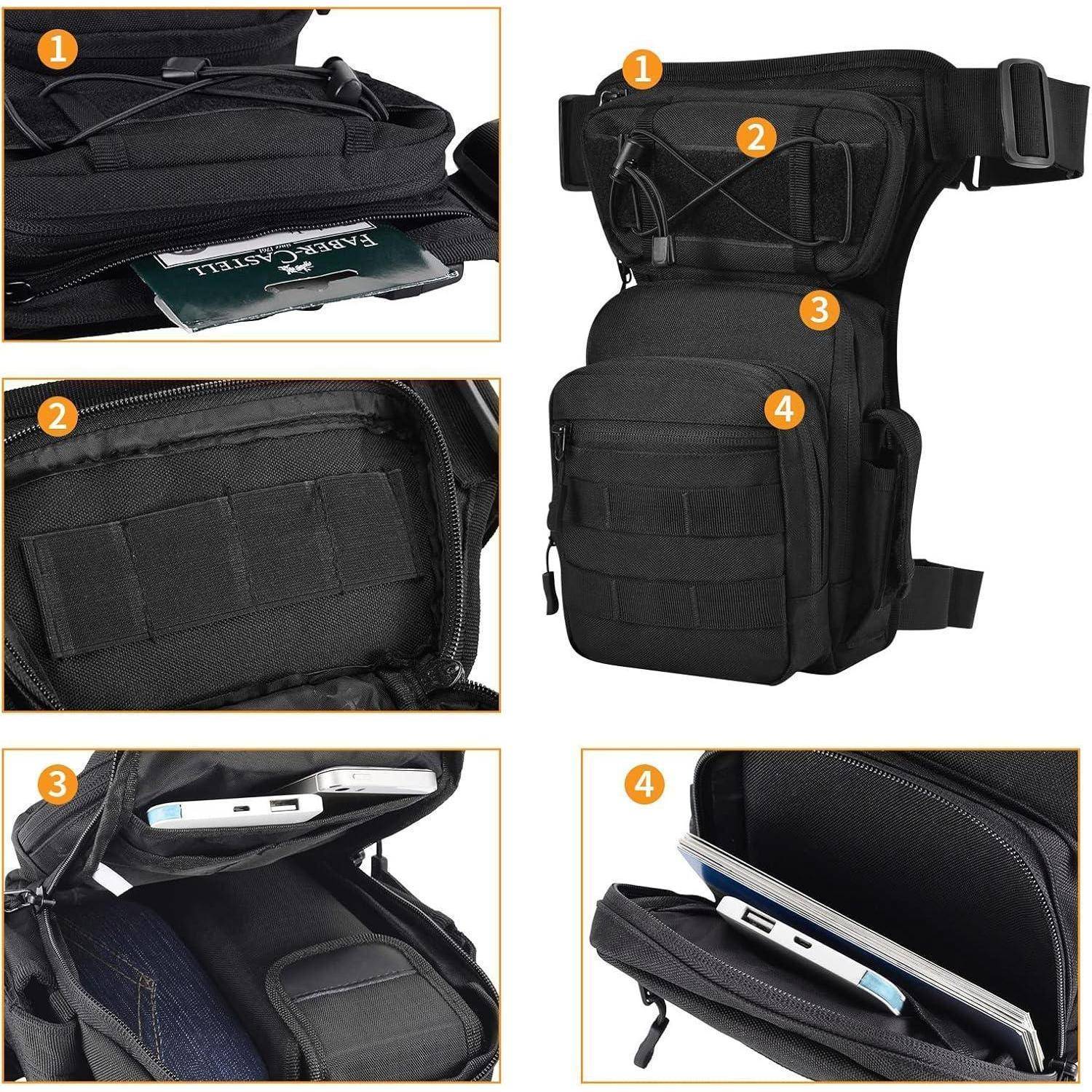 Schwarze taktische Oberschenkeltasche in vier Ansichten dargestellt, mit verstellbaren Taille-/Beinriemen, vorderen Taschen und Fächern für Telefon, Geldbörse und kleine Ausrüstung.