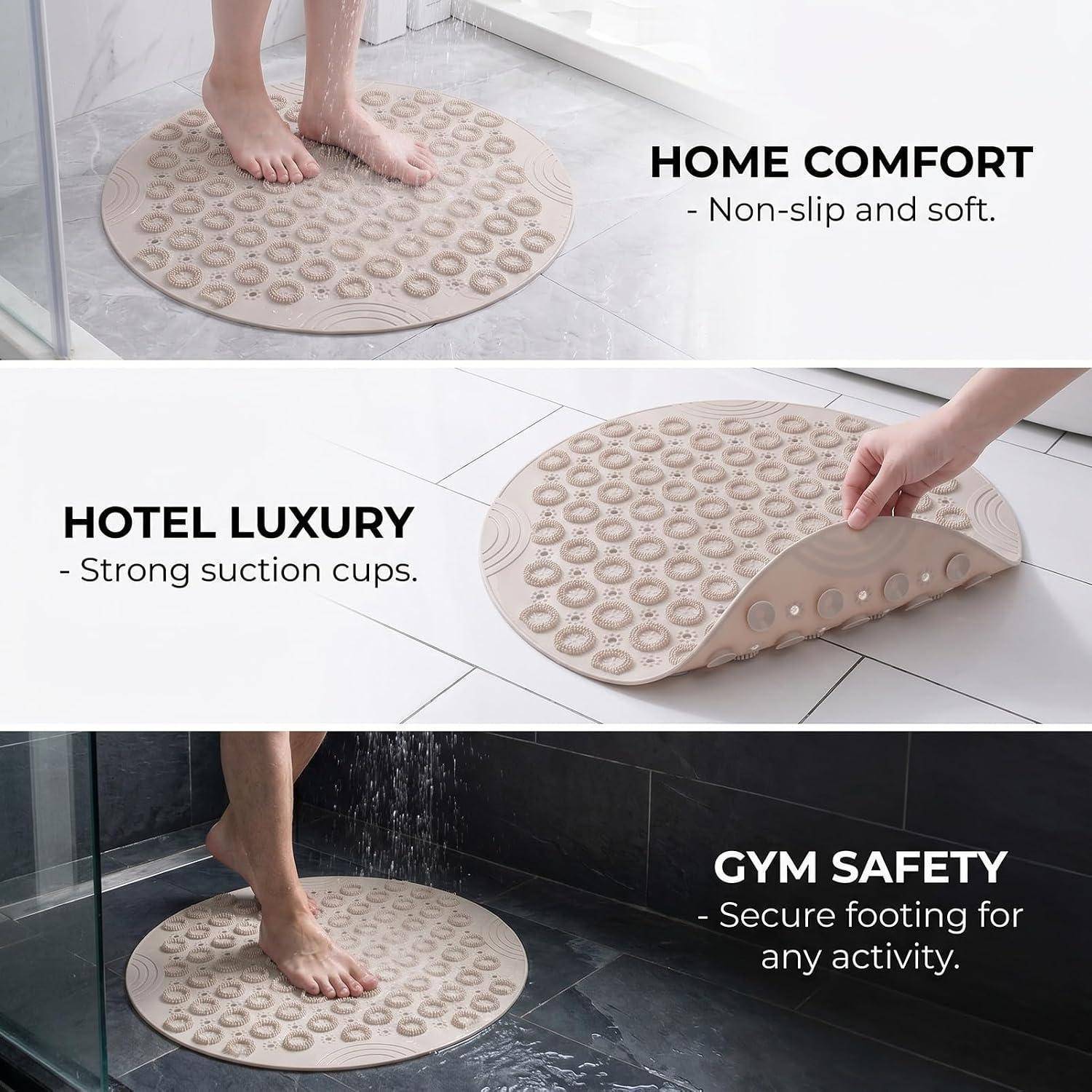Drei-Panel-Anzeige mit einer runden beigen Badmatte, die in einer Dusche verwendet wird, mit Betonung auf „Wohnkomfort", „Luxus im Hotel"" und „Sicherheit im Fitnessstudio"" mit rutschfesten Saugnapfhaltern.