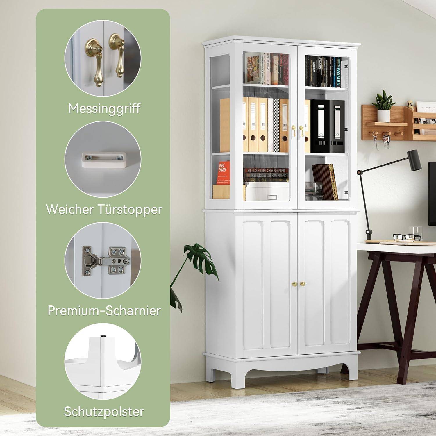 Weiße Lagerschrank in einem Homeoffice, gezeigt mit Feature-Beschriftungen auf Deutsch für Messinggriffe, sanftem Türstopper, Premium-Scharnieren und Schutzpolsterung.