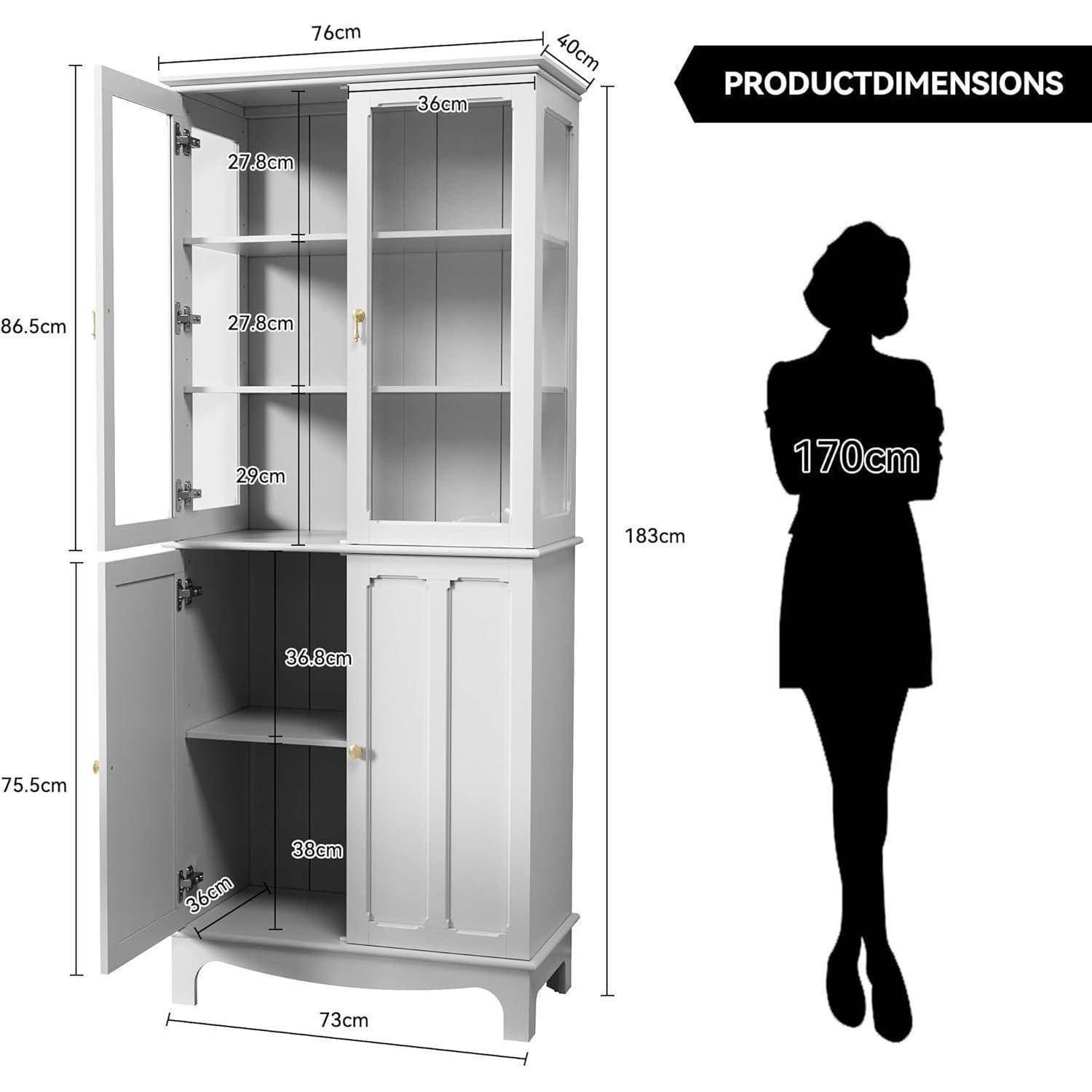 Produktabmessungen-Grafik für einen weißen Schrank: 76 cm breit, 40 cm tief, 183 cm hoch; oberer Abschnitt 86,5 cm, unterer Abschnitt 75,5 cm; Personensilhouette dargestellt als 170 cm groß.