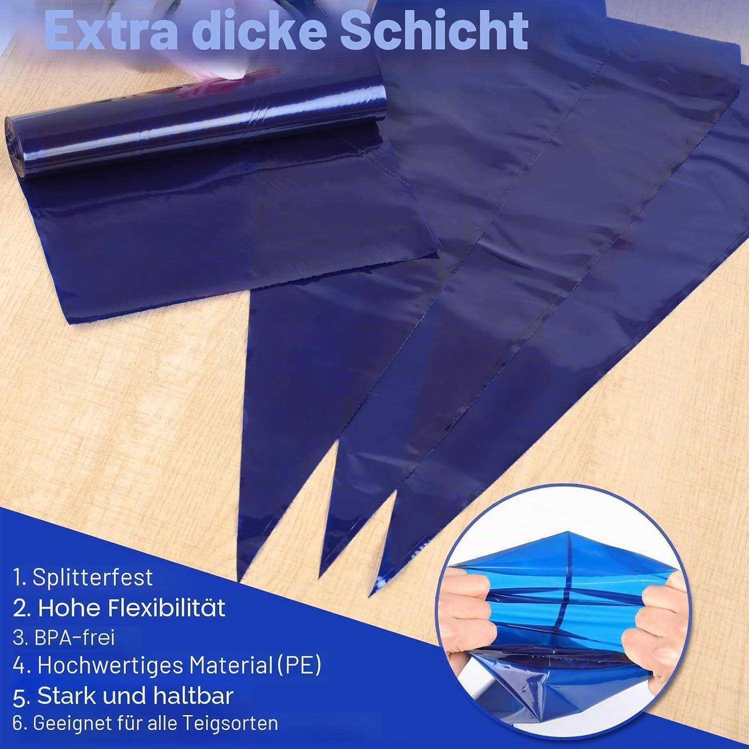 Blaue extradicker Kunststofffilm auf einer Rolle und zugeschnittene Blätter, mit Detailansicht zeigt das Dehnen; deutscher Text listet Merkmale auf: splitterfrei, flexibel, BPA-frei, langlebig.