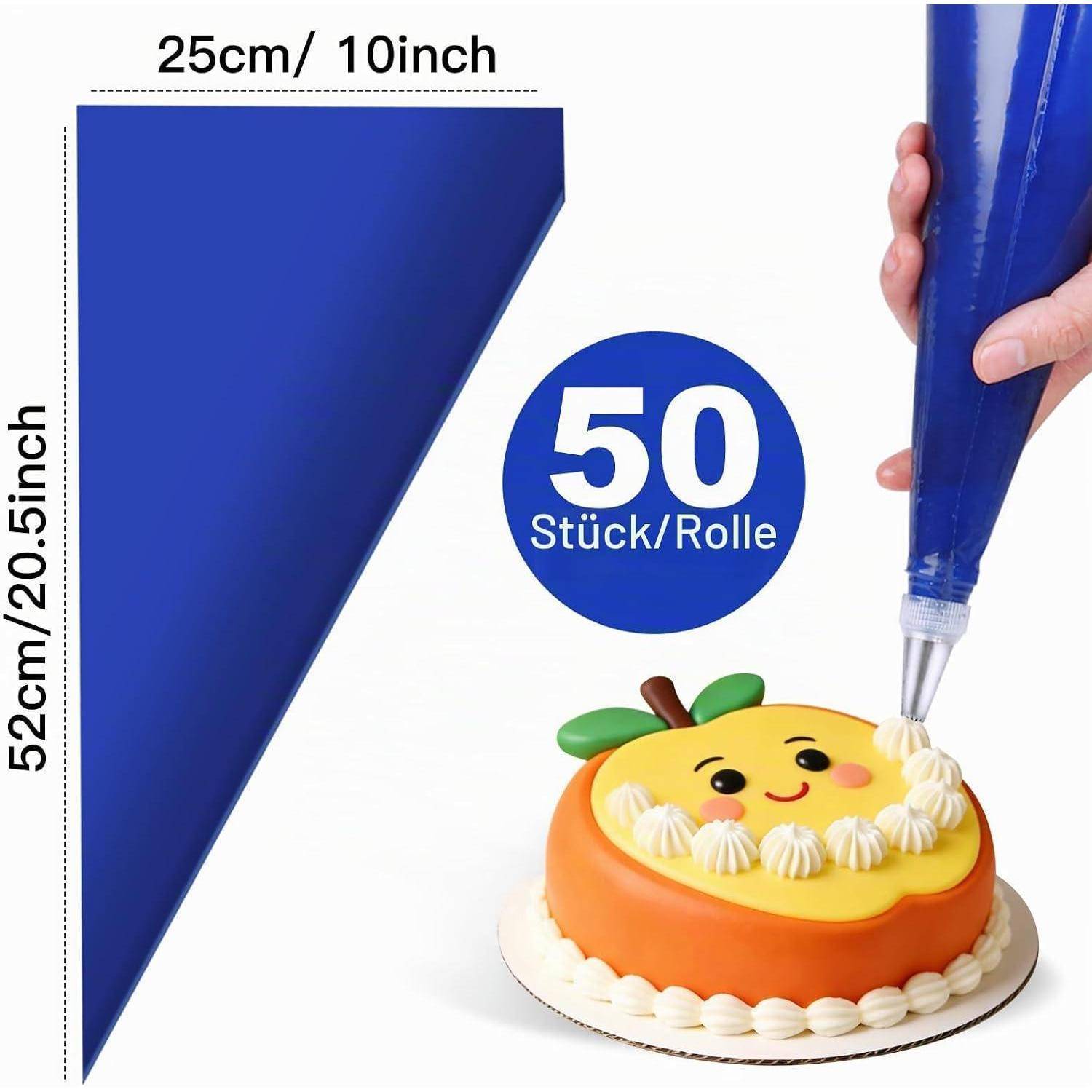 Blaue Spritzbeutelrolle, 52 cm × 25 cm, mit der Aufschrift „50 Stück/Rolle