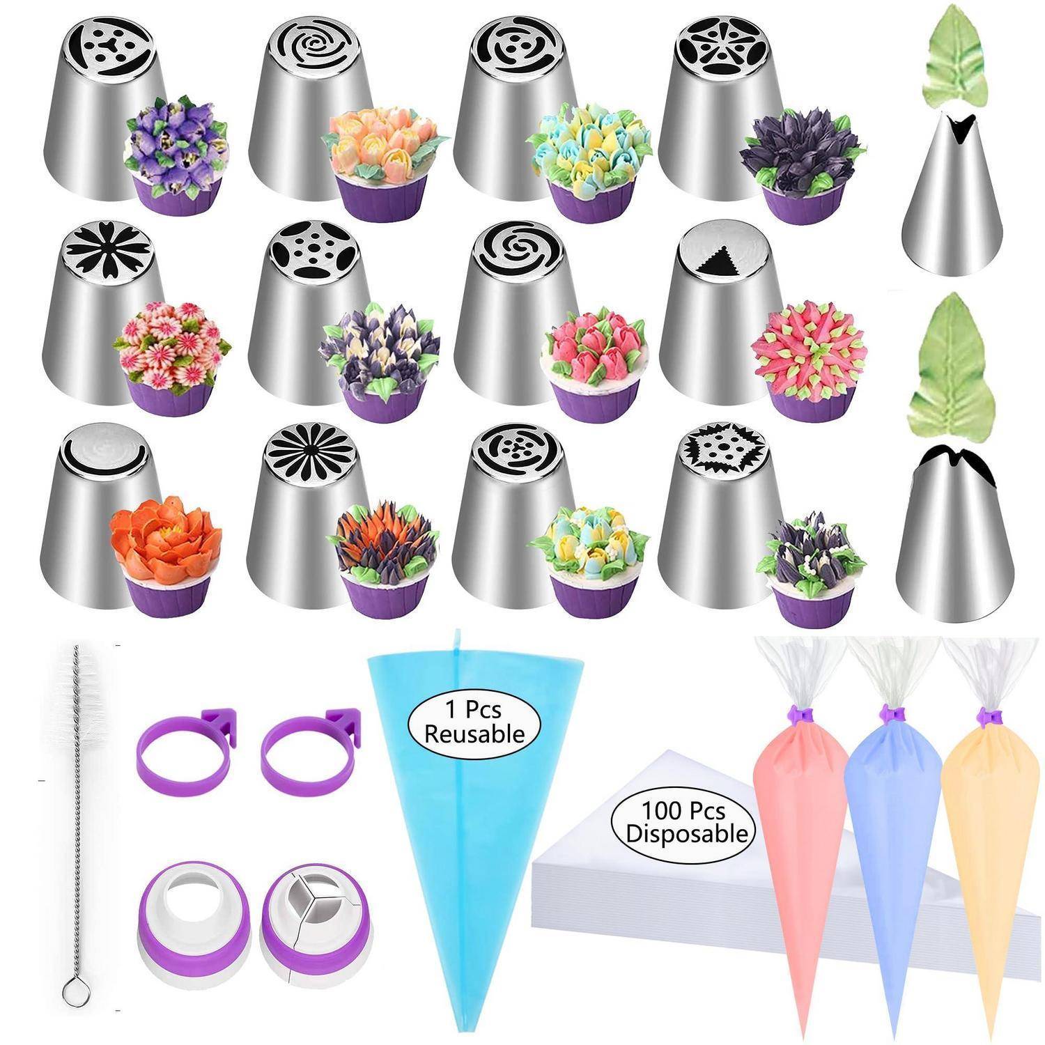 Collage von wiederverwendbaren und Einweg-Spritzbeuteltüllen zum Verzieren von Blumen und Gebäck, plus Adapter, eine Reinigungsbürste und Spritzbeutel.