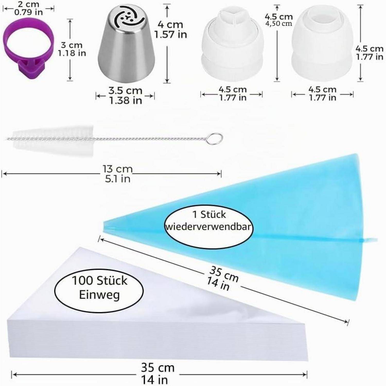 Diagramm mit wiederverwendbaren und Einweg-Spritzbeuteln und Düsen mit Größen: 1 wiederverwendbarer Kegel, 100 Einweg-Beutel und eine Reinigungsbürste mit Maßen in cm und Zoll.