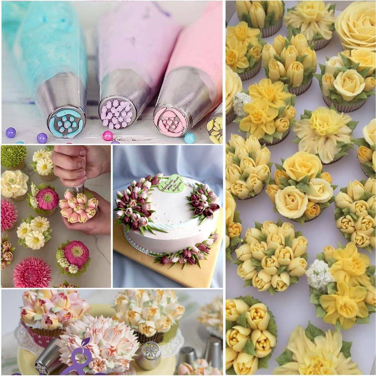 Collage von Spritzbeuteltüpfeln für Gebäck und Buttercreme-Blütendekorationen auf Cupcakes und Kuchen, das verschiedene florale Zuckerguss-Designs in Pastellfarben zeigt.