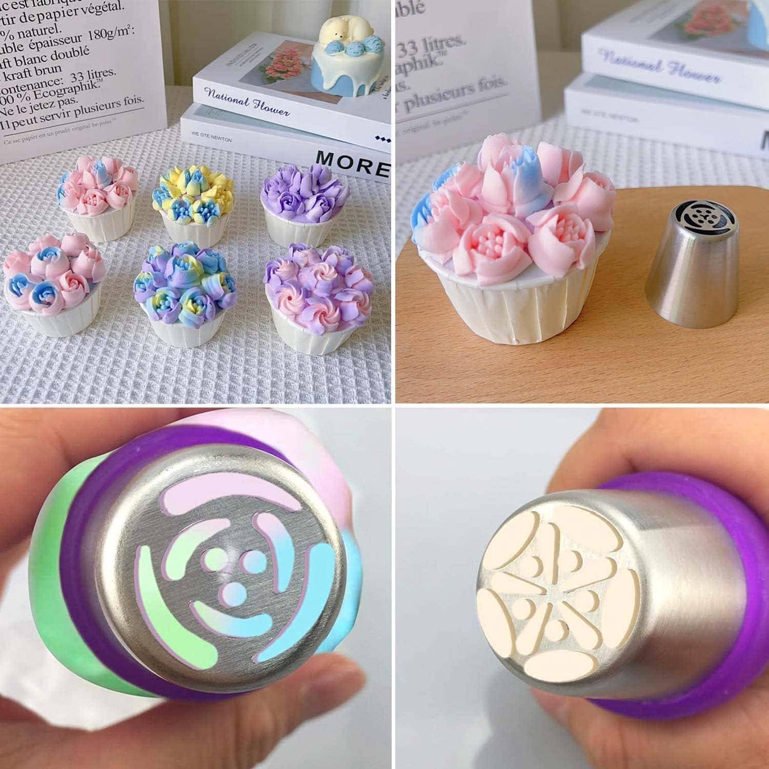 Collage von Silikon-Spritztüllen, die blütenförmige Frosting-Rosetten und detaillierte Düsenenden für Tortenverzierungen erstellen.
