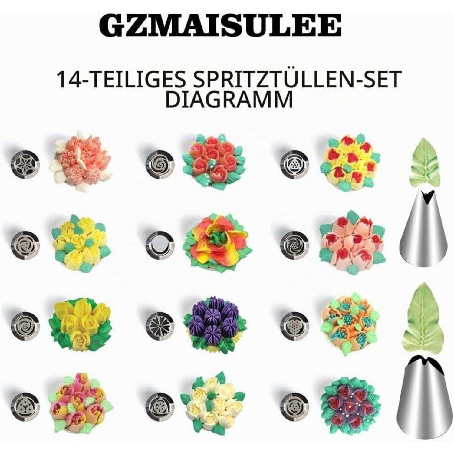 Diagramm eines 14-teiligen Spritzdüsen-Sets mit verschiedenen Zuckerglasur-Blütendesigns, mit Metallform-Düsen und grünen Blattdekorationen.