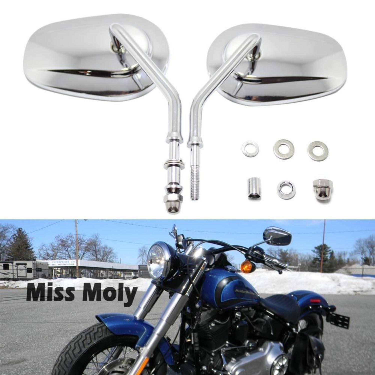 Verchromte Motorradmittelspiegelverbau mit Befestigungshardware, oben auf einem blauen Cruiser-Motorrad abgebildet, wobei die Spiegel auf den Lenkerstangen installiert sind.