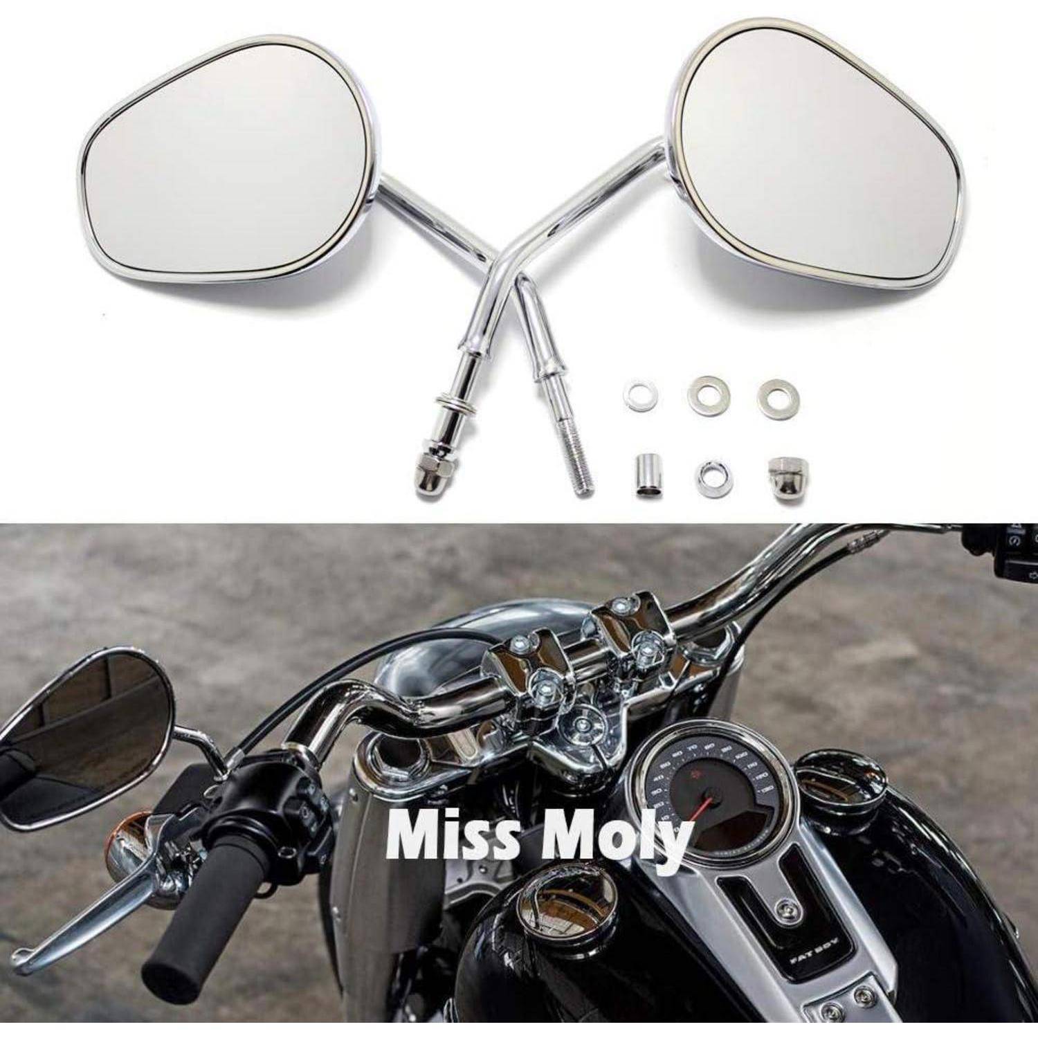 Chrom-Motorrad-Spiegelset mit Montagezubehör oben und ein montierter Spiegel auf einem Motorrad unten mit 