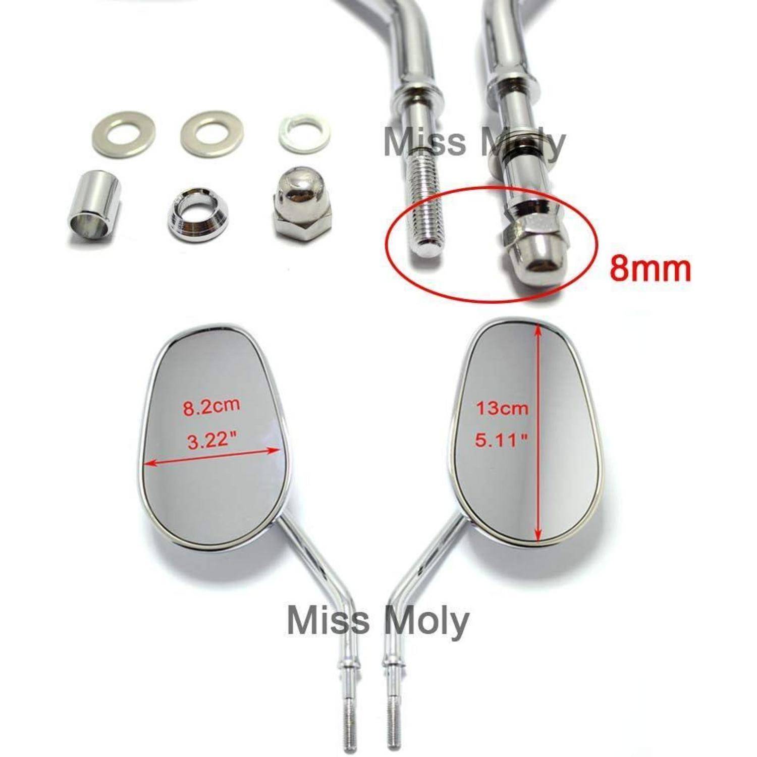 Paar verchromte Motorradrspiegel mit Montagezubehör; Abmessungen wie abgebildet: Spiegelkopf 8,2 cm breit, 13 cm hoch, 8 mm Anschlüsse.