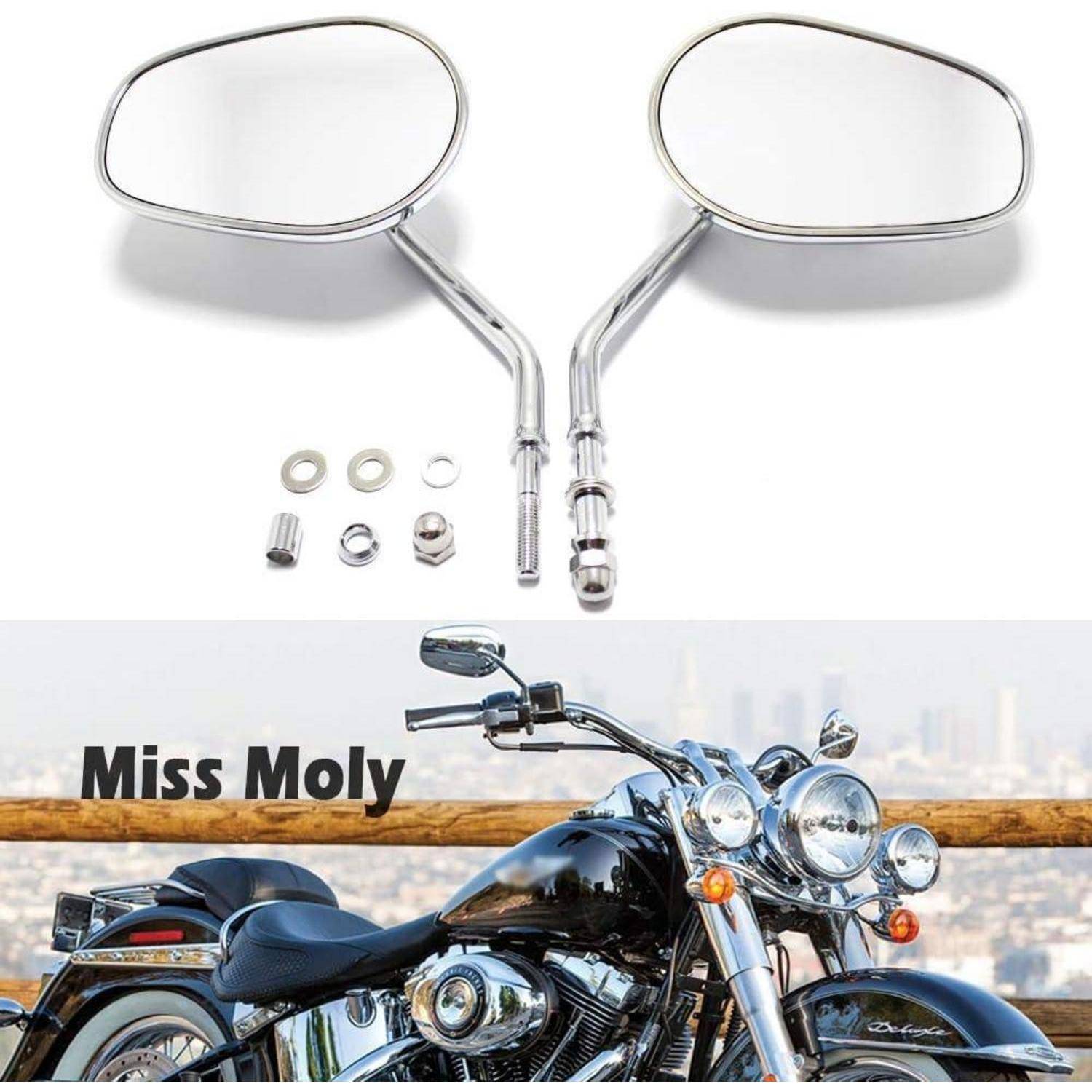 Paar Chrom-Motorradspiegelanlagen mit Befestigungszubehör oben an einem schwarzen Chopper-Motorrad mit der Aufschrift 
