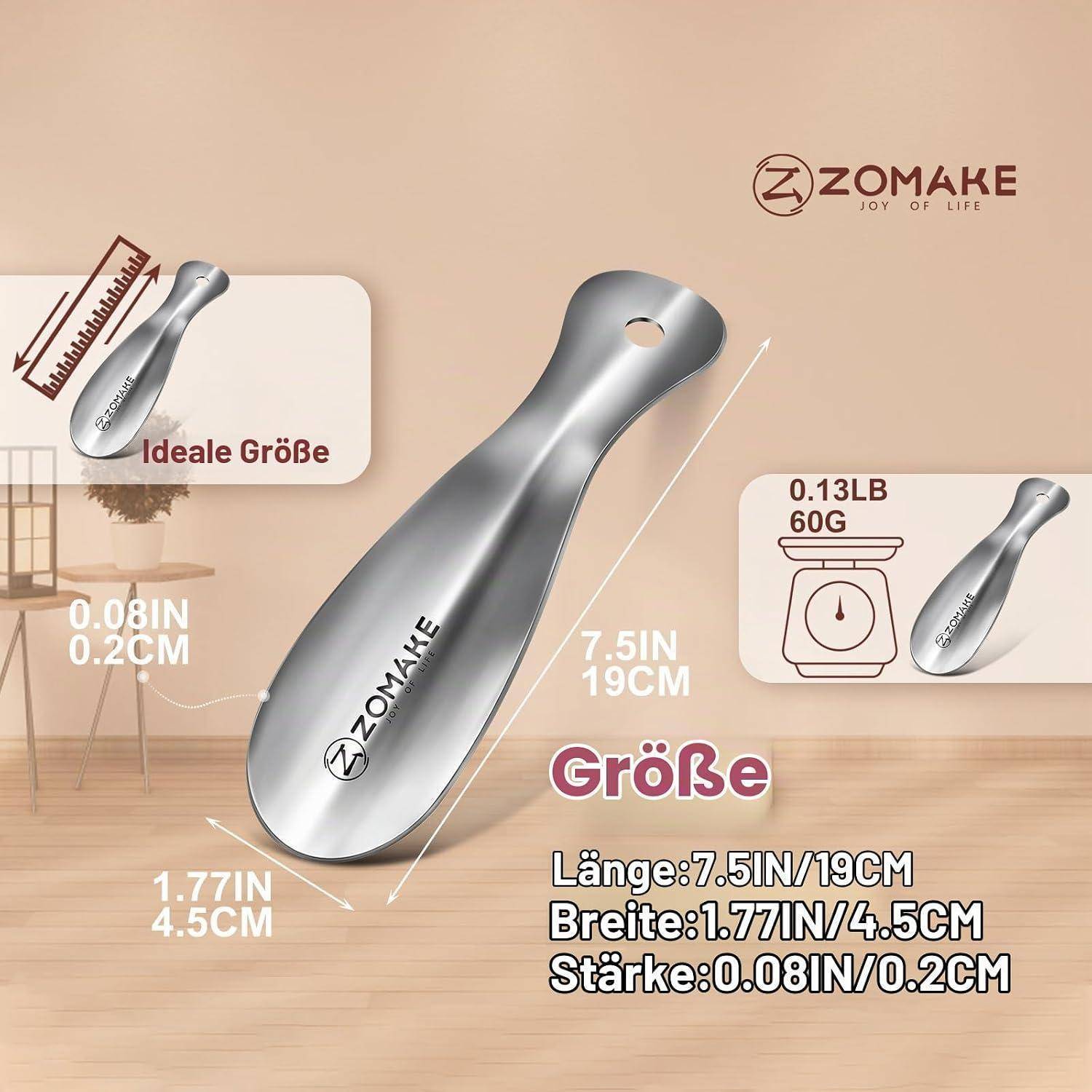 ZOMAKE Schuhlöffel mit Größenangaben: 7,5 Zoll/19 cm lang, 1,77 Zoll/4,5 cm breit, 0,08 Zoll/0,2 cm dick, wiegt 0,13 lb/60 g.