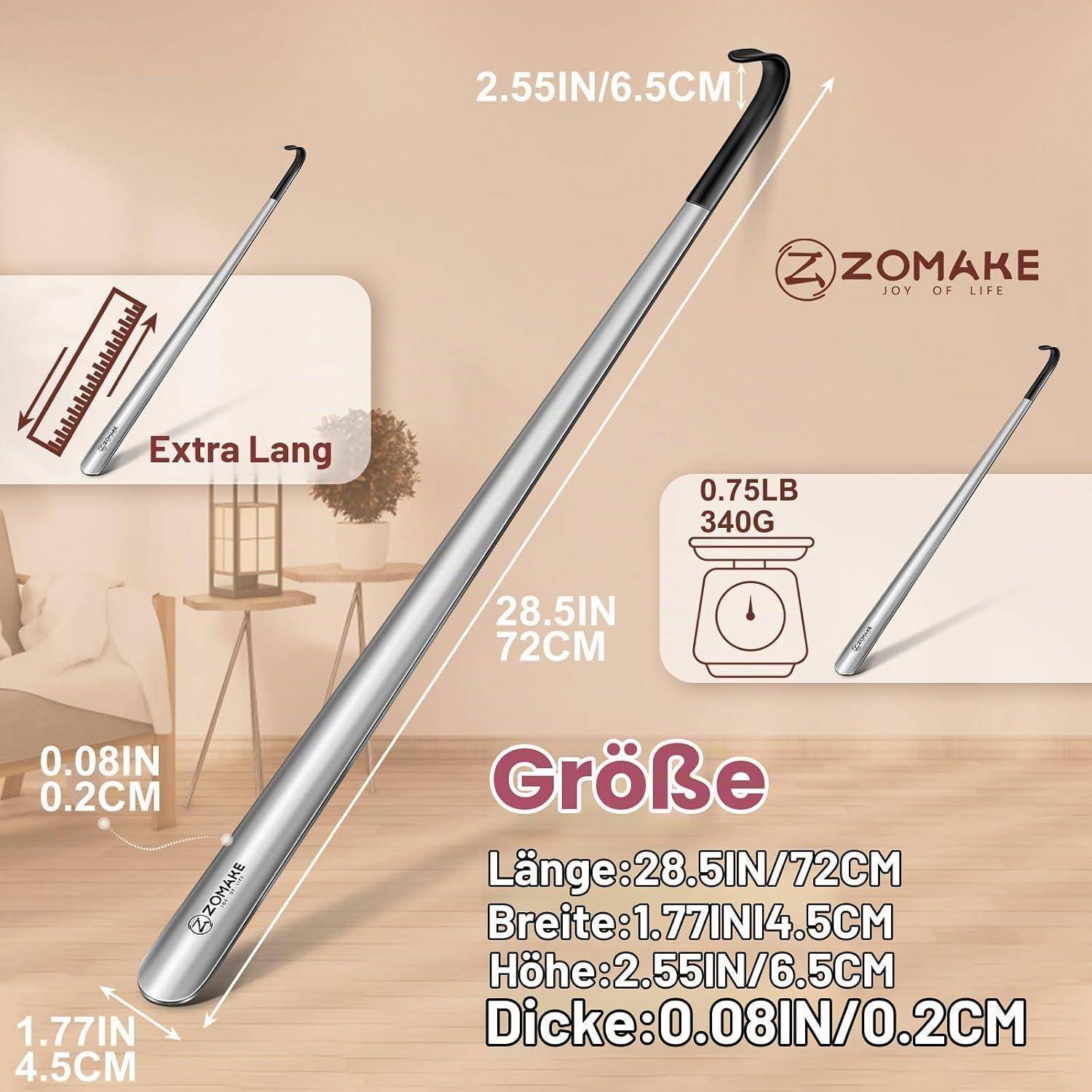 Werbebild eines silbernen ZOMAKE-Gehstocks, mit der Bezeichnung extra lang, mit Größen- und Gewichtsdetails: 28,5 Zoll/72 cm, 1,77 Zoll/4,5 cm, 2,55 Zoll/6,5 cm, 0,08 Zoll/0,2 cm, 0,75 lb/340 g.