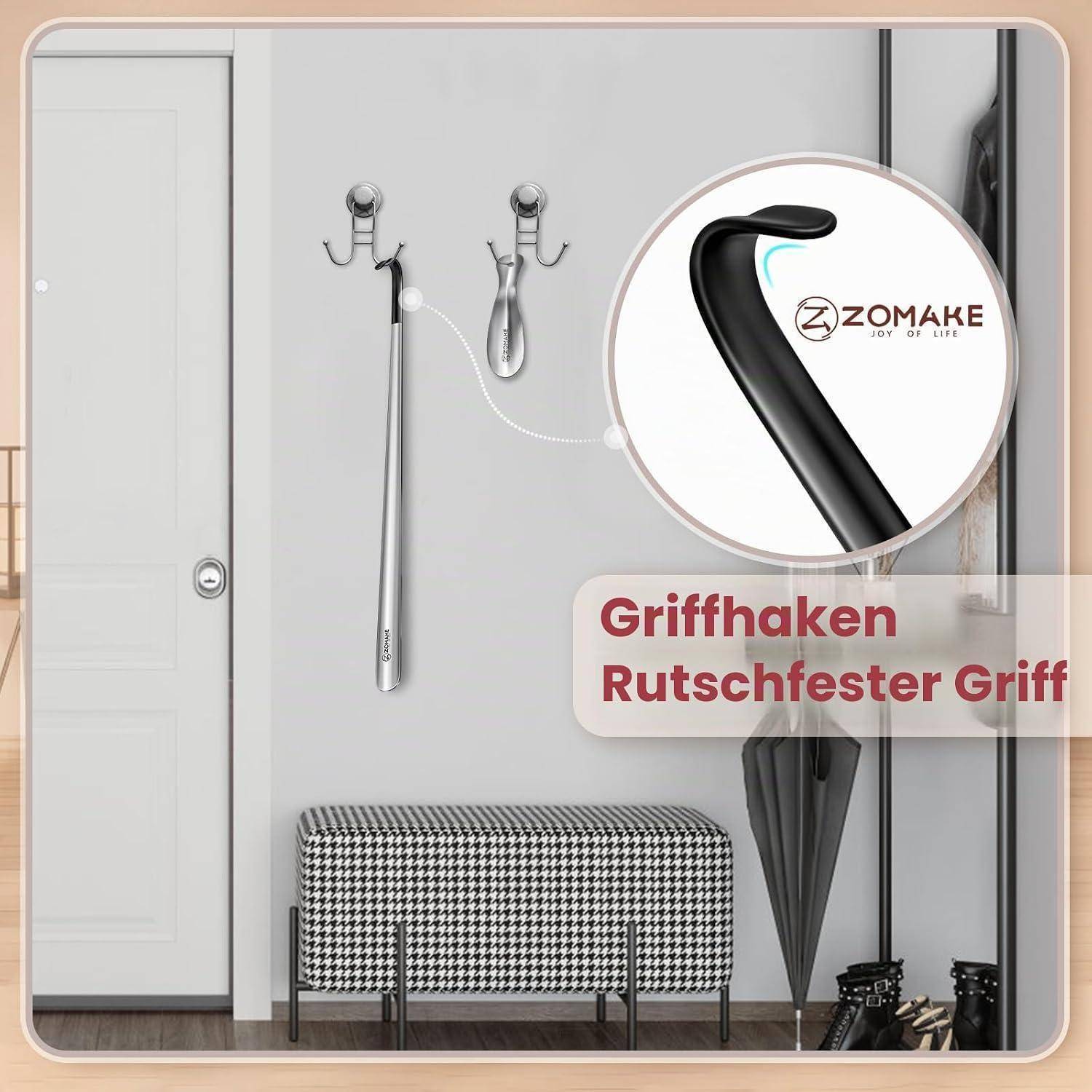 Wandmontierter Haltegriff mit gekrümmtem rutschfestem Griff, gezeigt in einem Flur für Badezimmer- oder Mobilitätshilfe, beschriftet mit „Griffhaken Rutschfester Griff".