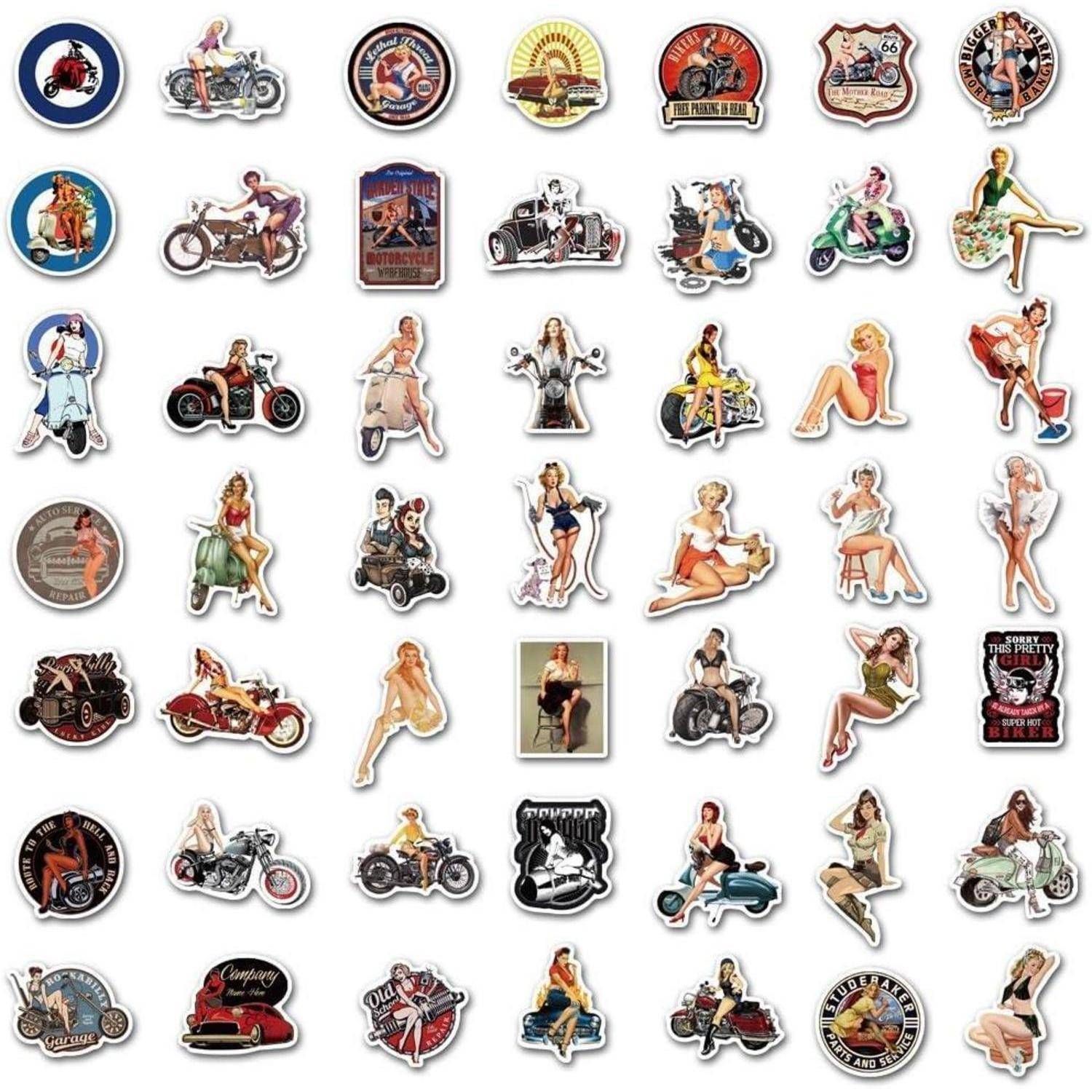Assortierte Vintage-Motorrad- und Pin-up-Girl-Aufkleber in einem Raster auf weißem Hintergrund angeordnet.