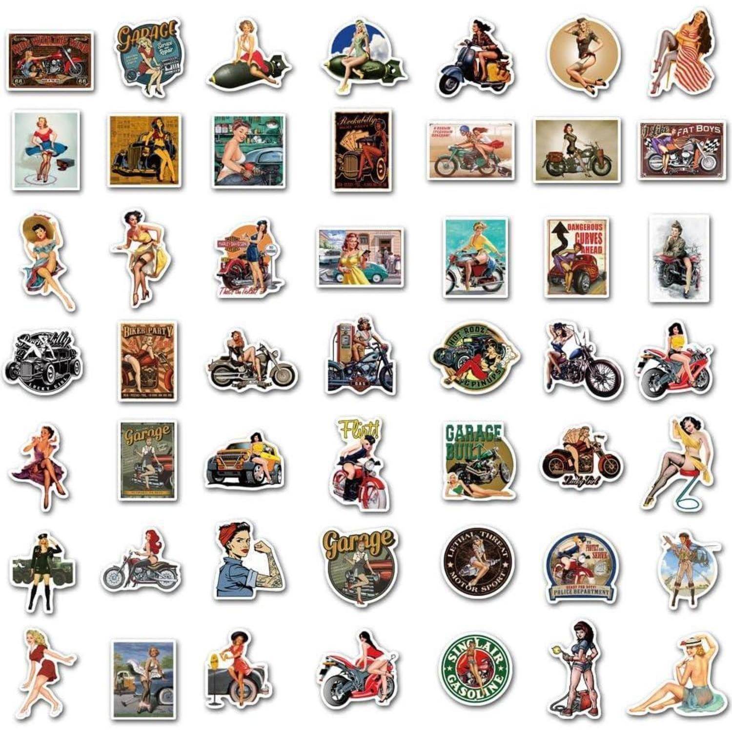 Eine Collage von vintage-stil Pin-up- und Garage-Stickern mit Frauen, Motorrädern, Rollern und Retro-Schildern.
