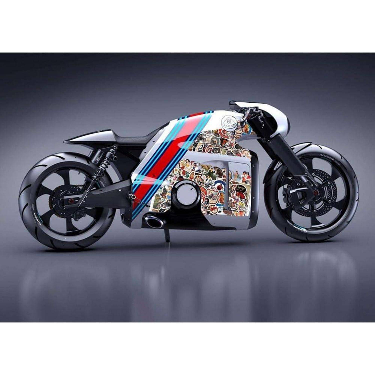 Futuristische maßgeschneiderte Motorrad in Seitenansicht, mit schwarzem Rahmen, freiliegendem Motor und bunten Comic-artigen grafischen Verkleidungselementen.