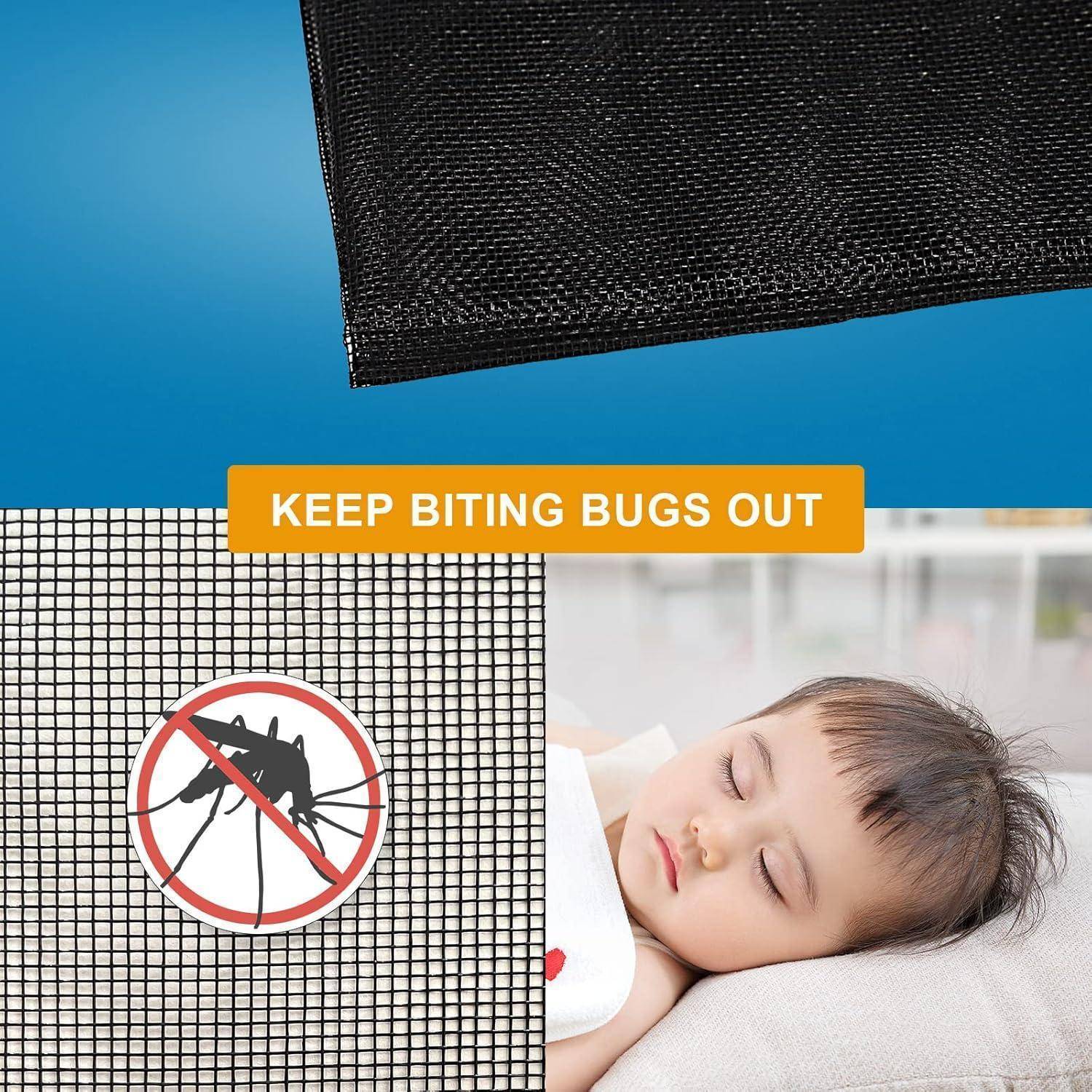 Baby schläft neben Insektenschutzgitter mit Banner „BITING BUGS FERNHALTEN