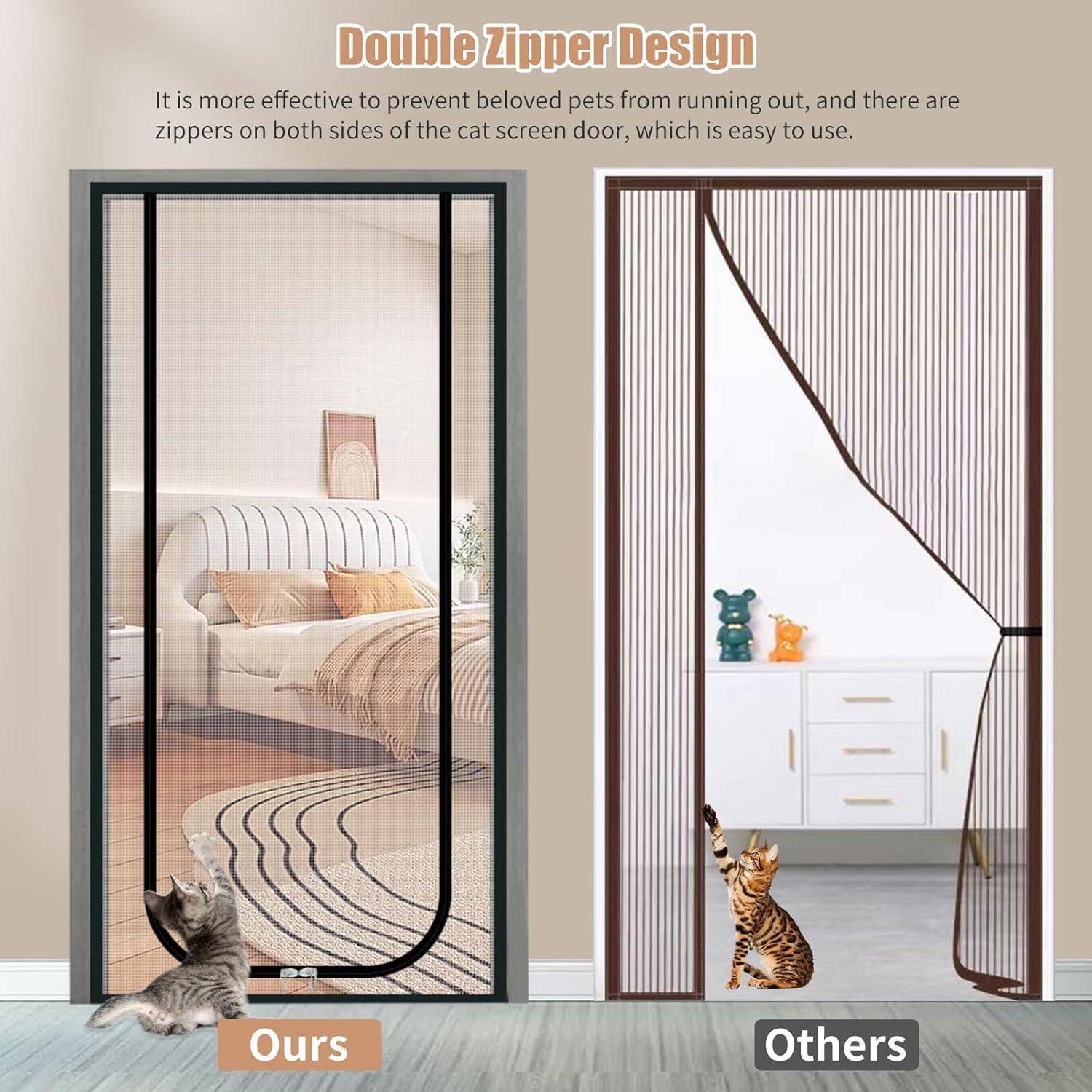 Vergleichsgrafik von Katzen-Fliegengittern mit einem „Doppelreißverschluss-Design" auf der linken Seite mit der Bezeichnung „Unserer"" gegenüber einem einseitigen Reißverschluss auf der rechten Seite mit der Bezeichnung „Anderer""; der Text besagt, dass dies verhindert, dass Haustiere herauslaufen, und einfach zu bedienen ist.