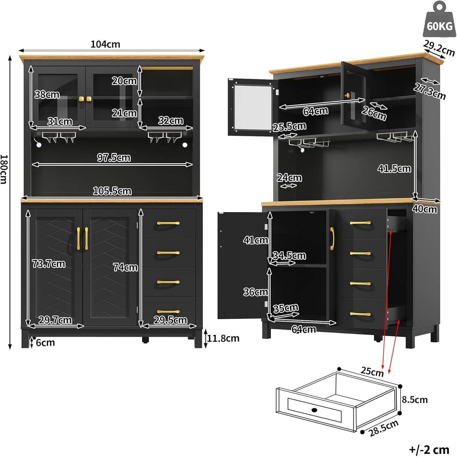 Kommentiertes Produktbild eines schwarzen zweiteiligen Schranks mit oberem Aufsatzelement und unterem Lagerschrank, das Abmessungen, Regalöffnungen, Schubladen, Türen und Gesamtgröße zeigt.