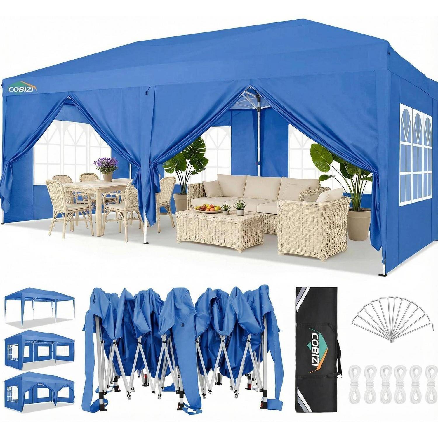 Blaues Pop-up-Pavillon-Zelt mit offenen Seiten, eingerichtet als Außenlounge; Einsatz zeigt eingeklapptes Gestell, Tragetasche und enthaltene Heringe sowie Seile.