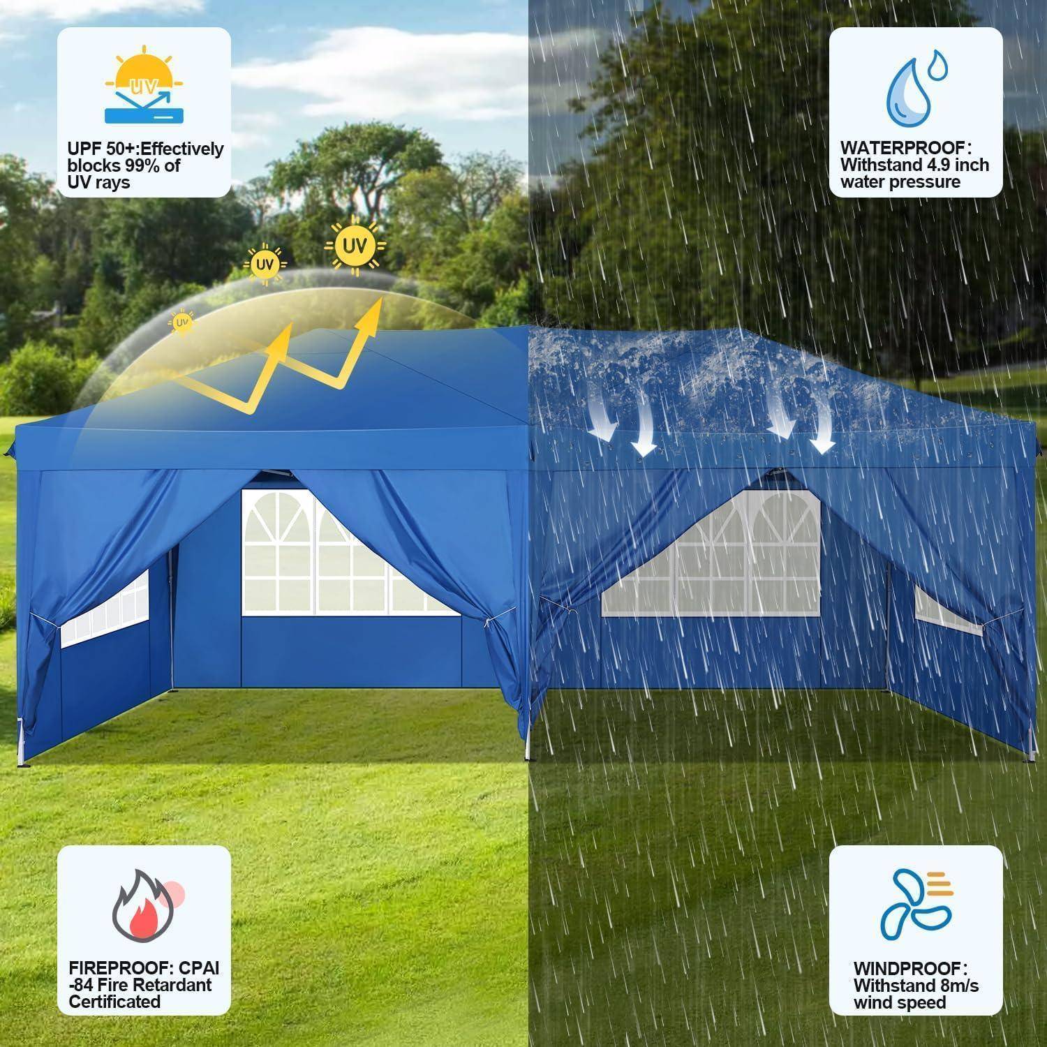 Blaues Pop-up-Pavillon-Zelt in Split-Screen-Ansicht, das UV-Schutz, Wasserdichtigkeit, Brandschutzbestätigung und Windbeständigkeit bei Regen und Sonne im Freien hervorhebt.