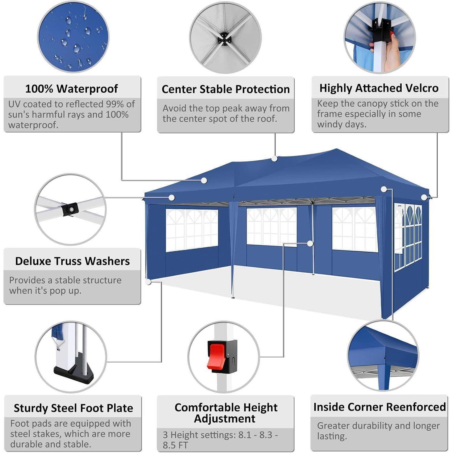 Infografik zum blauen Pop-up-Pavillon mit hervorgehobenen Funktionen: 100% wasserdicht, stabiles Zentraldach, angebrachte Klettbänder, Traversen-Unterlegscheiben, Stahlfu0platte, Höhenverstellung und verstärkte Ecken.