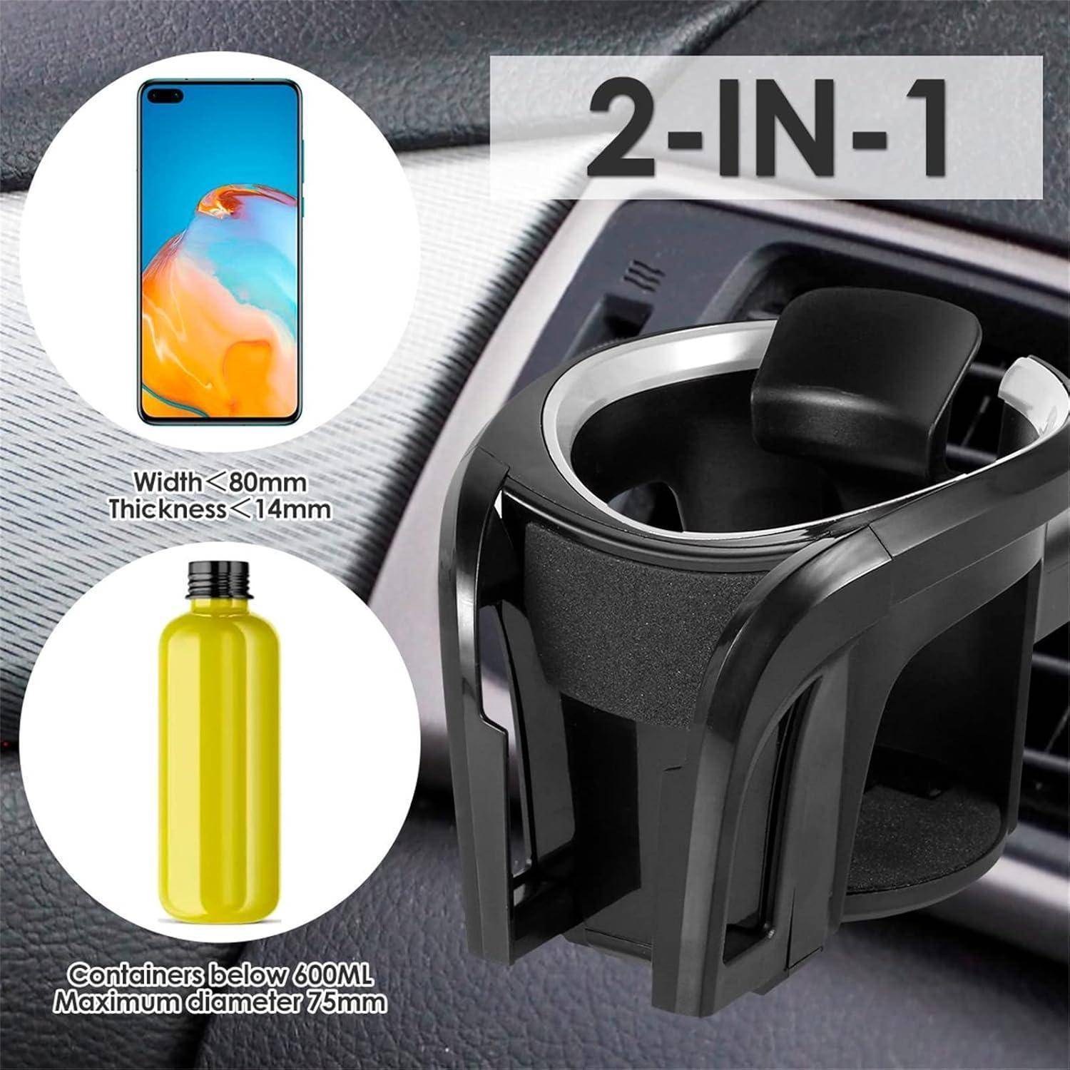 2-in-1 Getränkehalter für Auto mit Handyhalterung und verstellbarem Griff; passt für Handys unter 80 mm Breite und 14 mm Dicke, sowie für Flaschen unter 600 ml bis 75 mm Durchmesser.