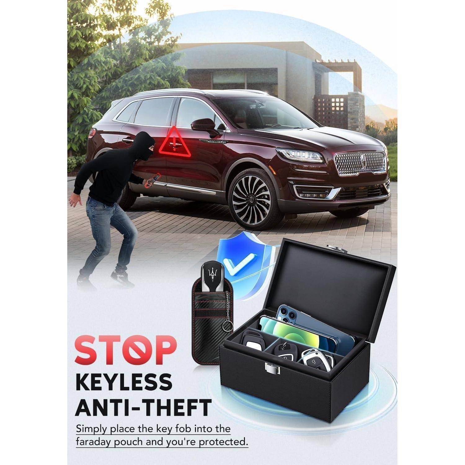 Anti-Diebstahl-Autobild, das einen maskierten Dieb neben einem roten SUV mit einem Warndreieck zeigt, plus eine Schlüsselanhangtasche, eine Lockbox und Text: 'KEYLESS-DIEBSTAHL STOPPEN'.