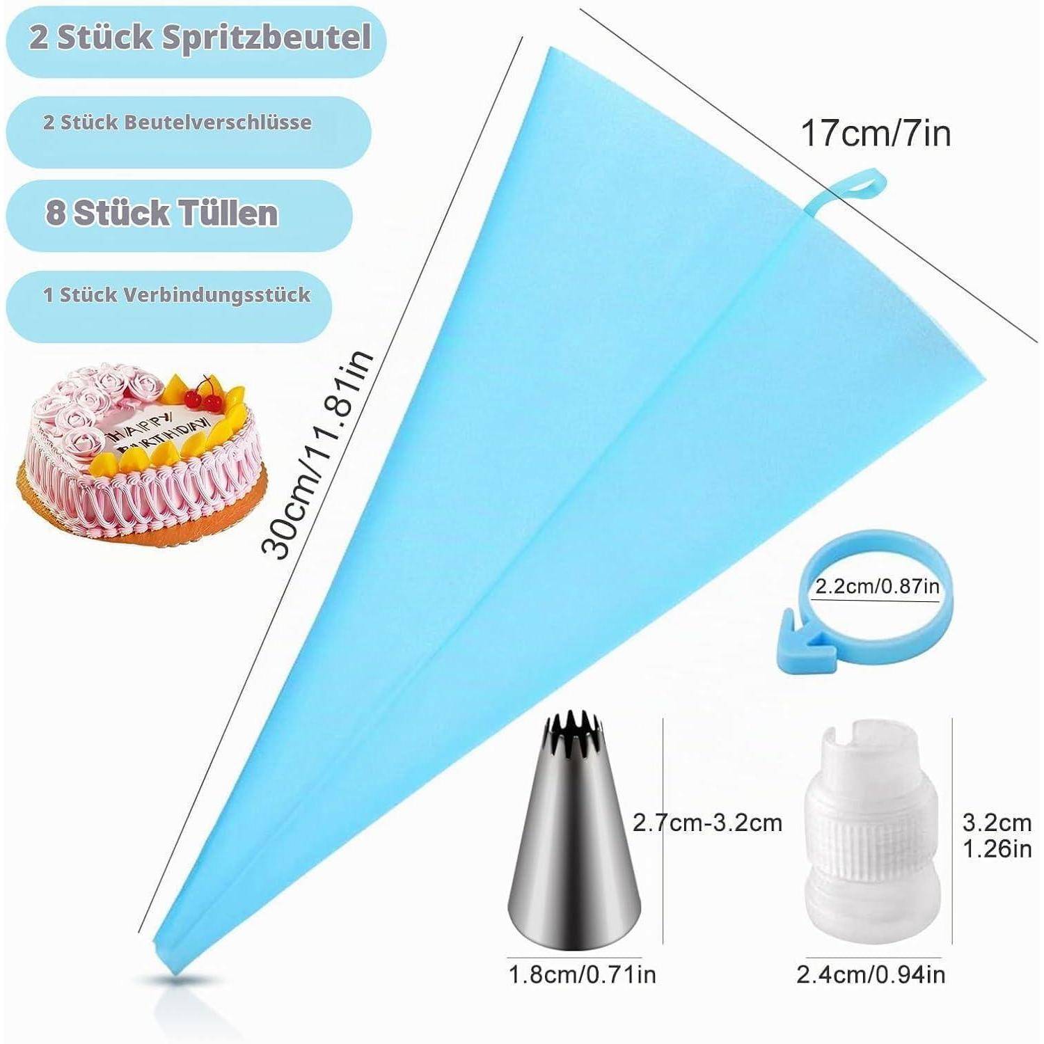 Blaues Einweg-Spritzbeutel-Set mit 2 Beuteln, 2 Verschlüssen, 8 Tüllen und 1 Verbindungsstück; Beutelgröße 30 cm x 17 cm.