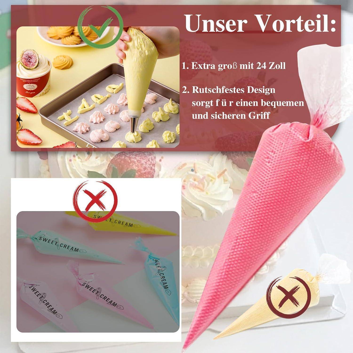 Promotional graphic für Spritzbeutel; Text besagt „Unser Vorteil: 1. Extra groß mit 24 Zoll 2. Rutschfestes Design sorgt für einen bequemen und sicheren Griff
