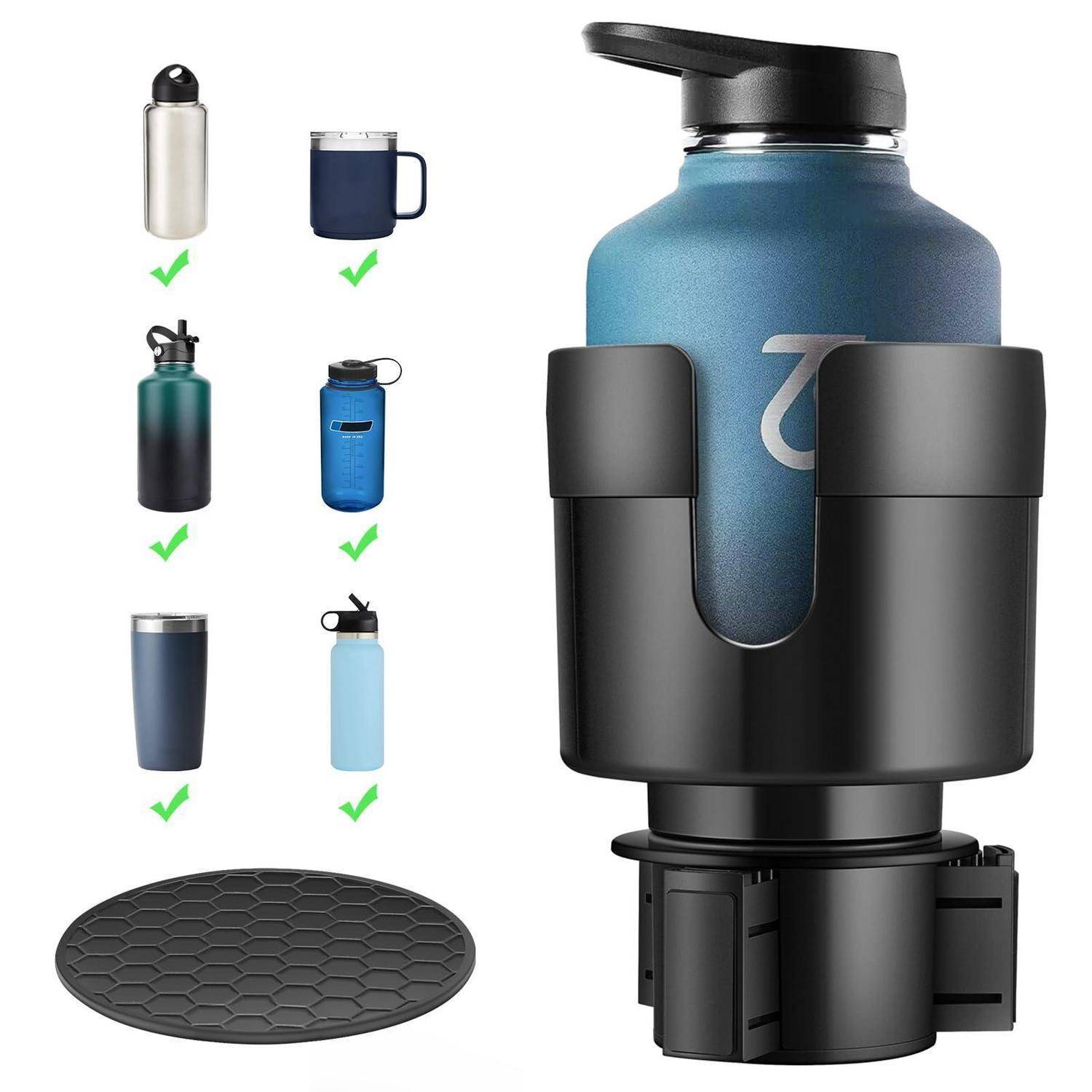 Schwarzer Flaschenhalter/Autofestigung, der eine blaue Wasserflasche sichert, mit Beispielen kompatibler Flaschenarten auf der linken Seite.