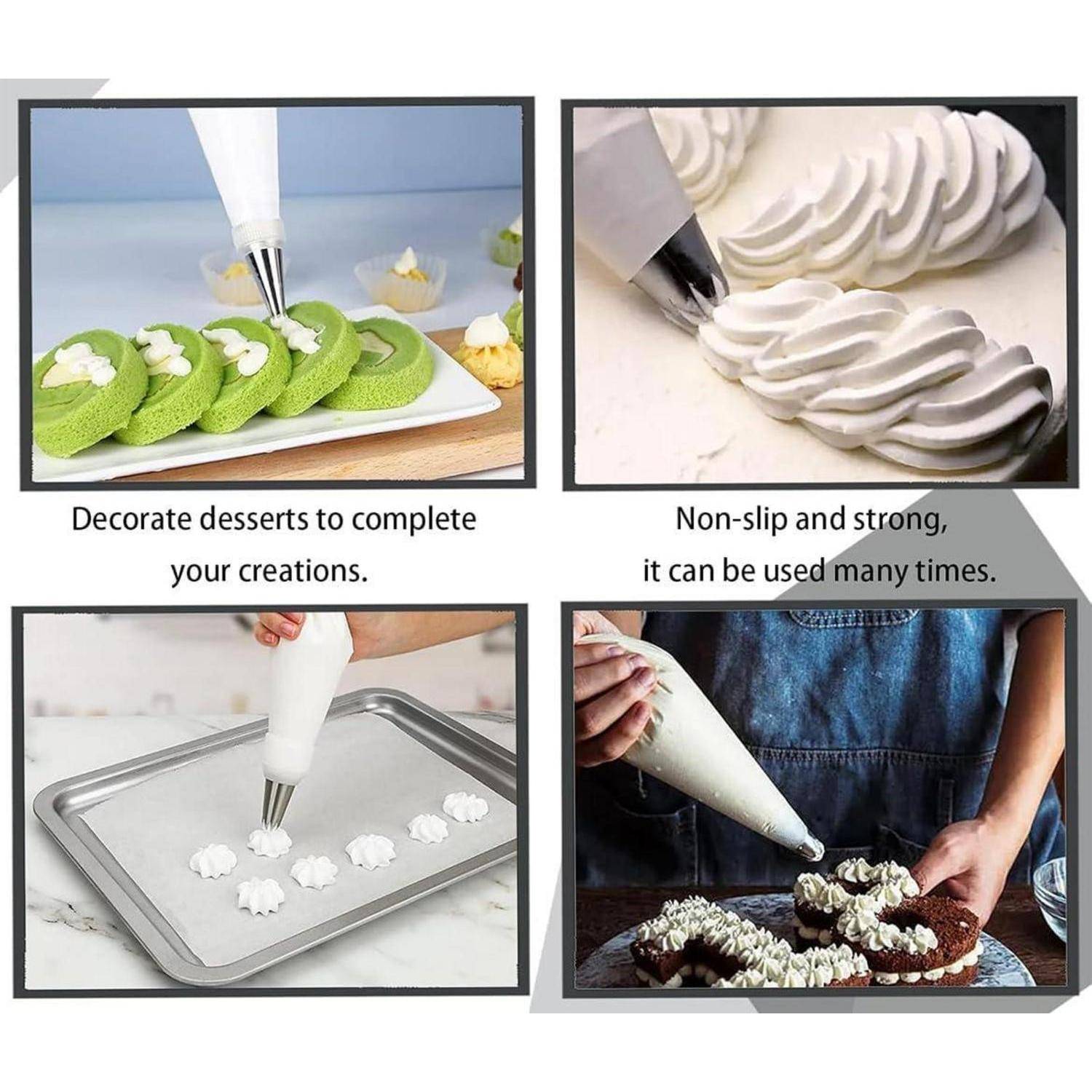 Vierteiliges Anzeigenplakat mit einem wiederverwendbaren Spritzbeutel beim Verzieren von Desserts mit Schlagsahne und Glasur; der Text besagt „Verzieren Sie Desserts, um Ihre Kreationen zu vervollständigen