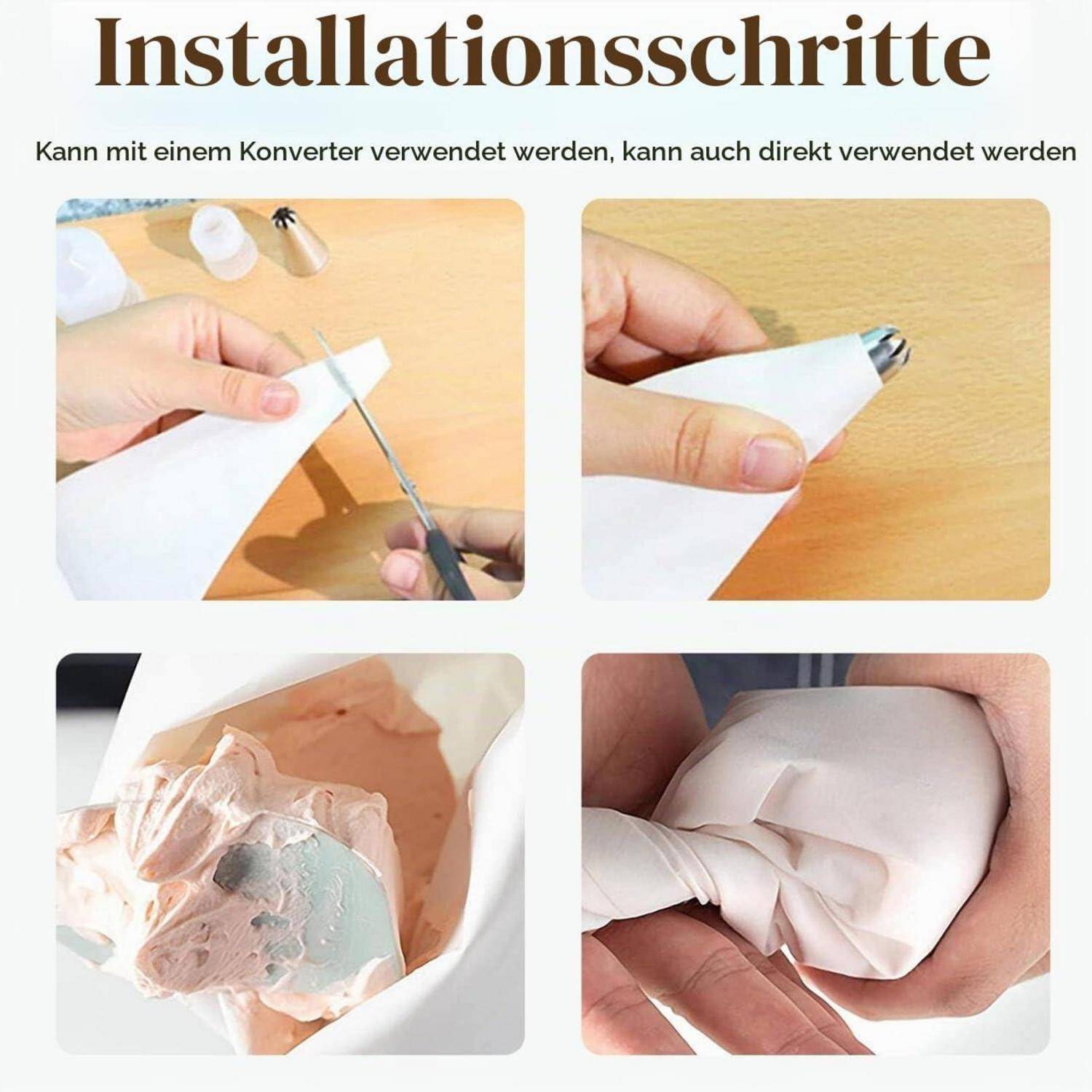 Anleitung zum Zuschneiden und Verwenden einer weißen Spritzbeutel-Tülle, mit Nahaufnahmen des Schneidens der Öffnung und des Befüllens des Beutels mit Creme.