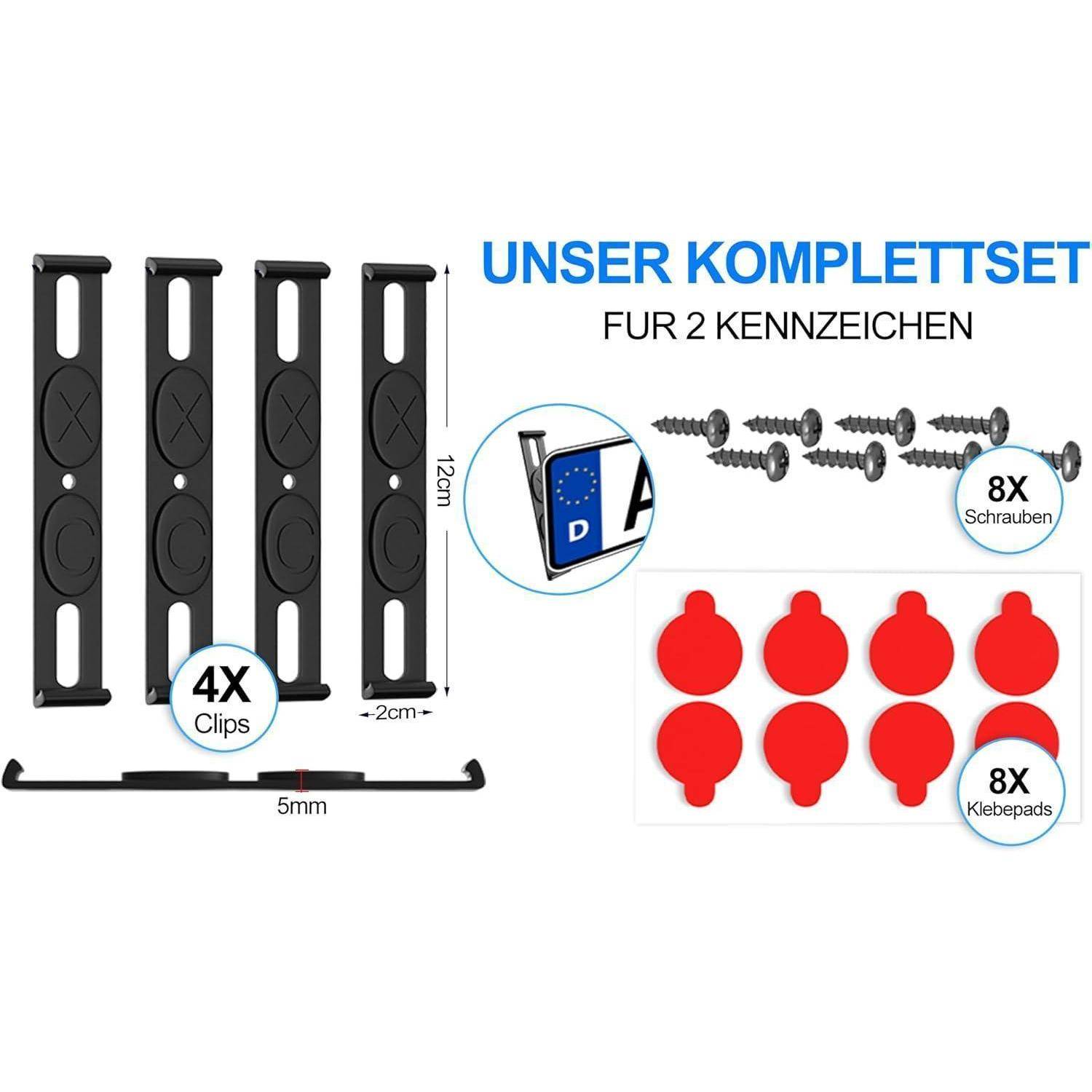 Produktdiagramm einer Kennzeichenhalterung für 2 Kennzeichen, bestehend aus 4 Klammern, 8 Schrauben, 8 Klebepolstern und Abmessungen.
