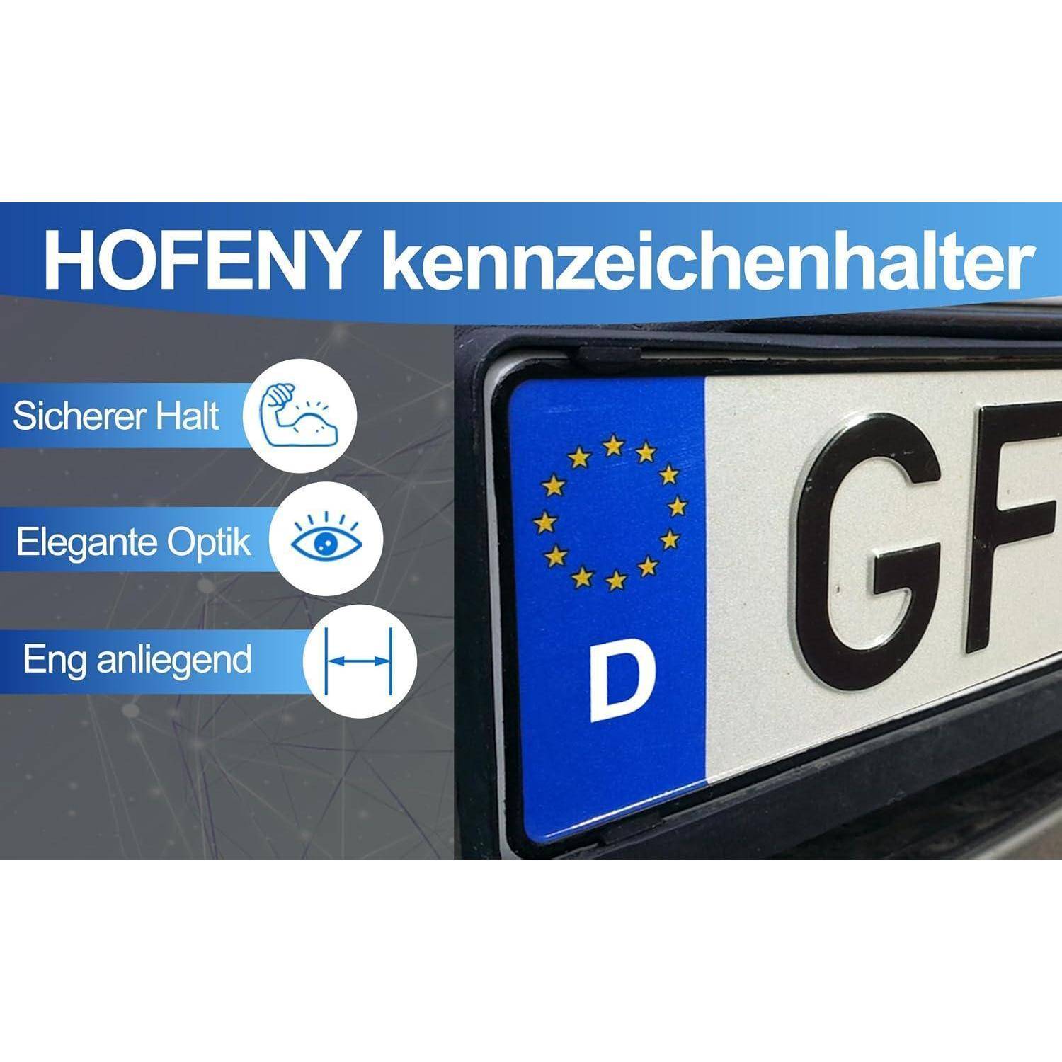 Werbegrafik für einen HOFENY-Kennzeichenhalter, die eine deutsche EU-Plakette in Nahaufnahme und drei Vorteile zeigt: „Sicherer Halt