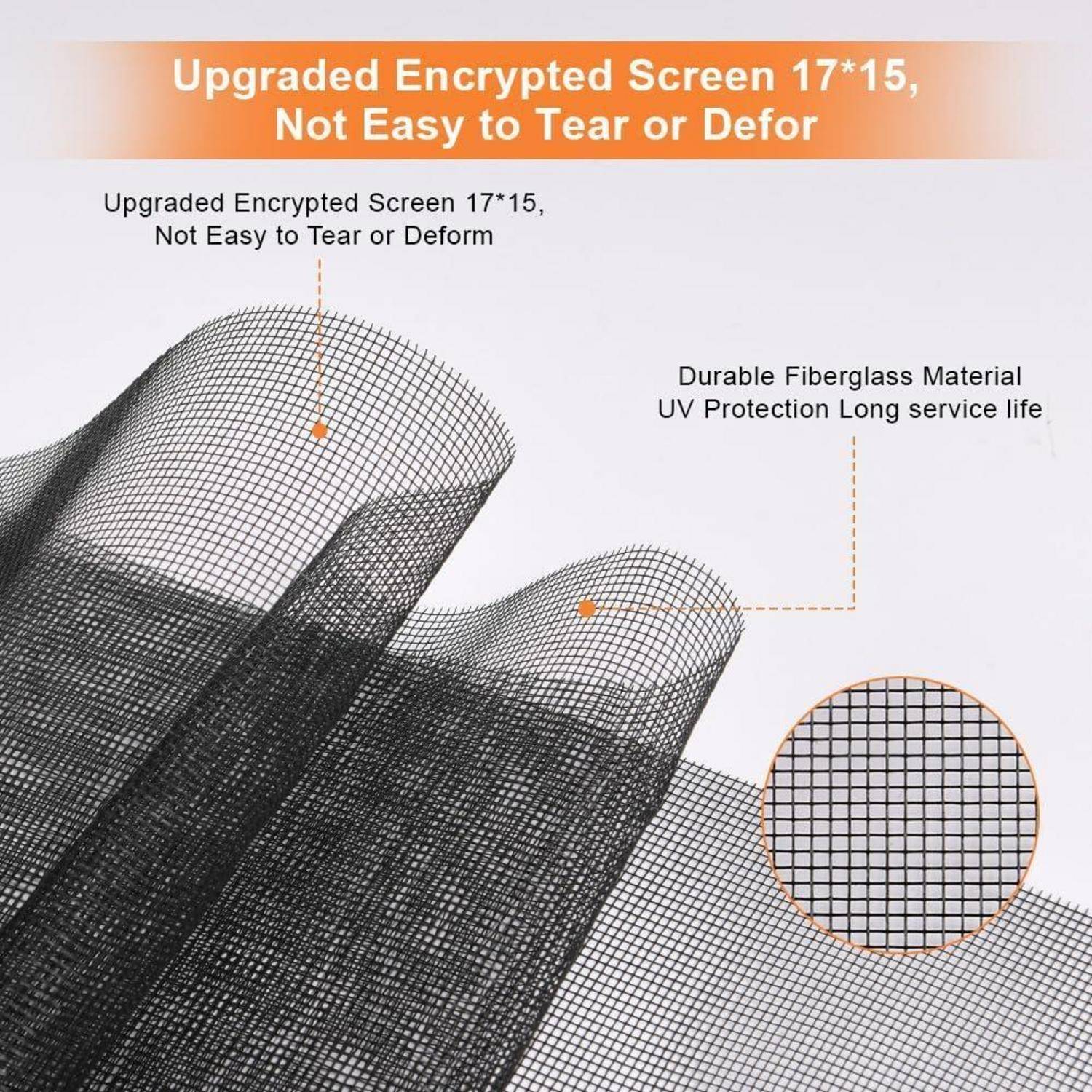 Produktgrafik mit verbessertem 17x15 Fiberglas-Fensterfliegengitter, hervorgehobene Haltbarkeit, Reißfestigkeit, UV-Schutz und Nahaufnahme des Gitters.