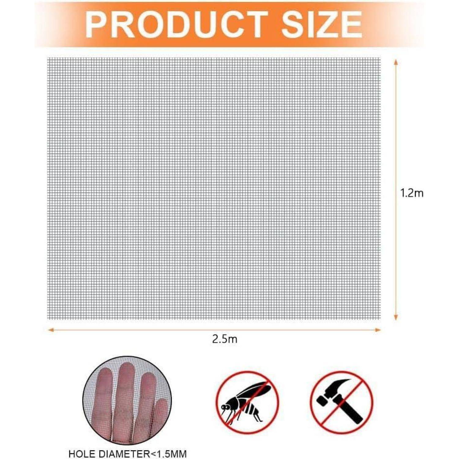 Das Produktgrößendiagramm zeigt eine 2,5 m x 1,2 m Maschenplatte mit Lochdurchmesser kleiner als 1,5 mm; keine Insekten oder Werkzeuge erlaubt.