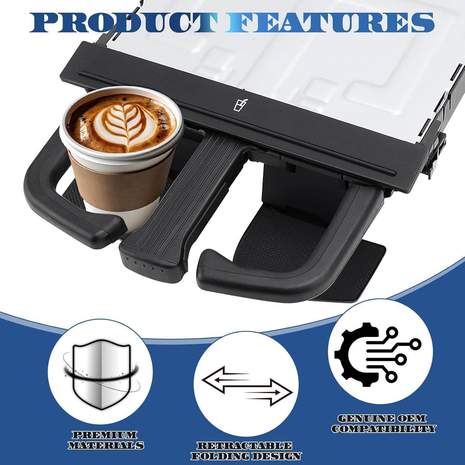 Laptop-Tablett mit ausziehbarem Getränkehalter und Geräteständer, abgebildet mit Kaffee; Beschriftungen zeigen hochwertige Materialien, verstellbares Design und OEM-Kompatibilität.