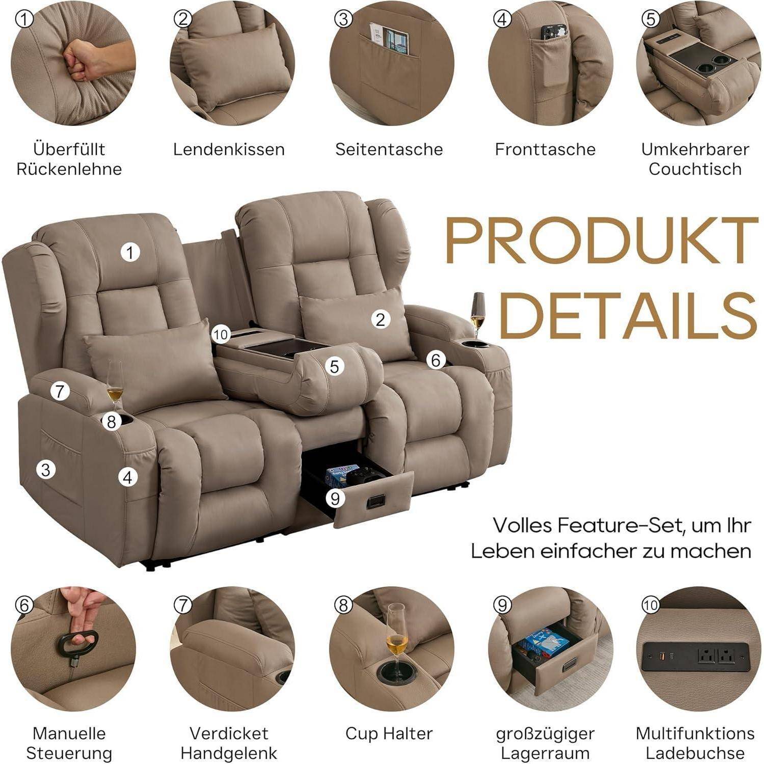 Produktdetails-Diagramm eines beigen Relaxationssofas: überpolsterter Rückenlehne, Lendenwirbelstütze, seitliche Tasche, vordere Tasche, umkehrbarer Mitteltisch, Getränkehalter, versteckter Stauraum und Steckdose.