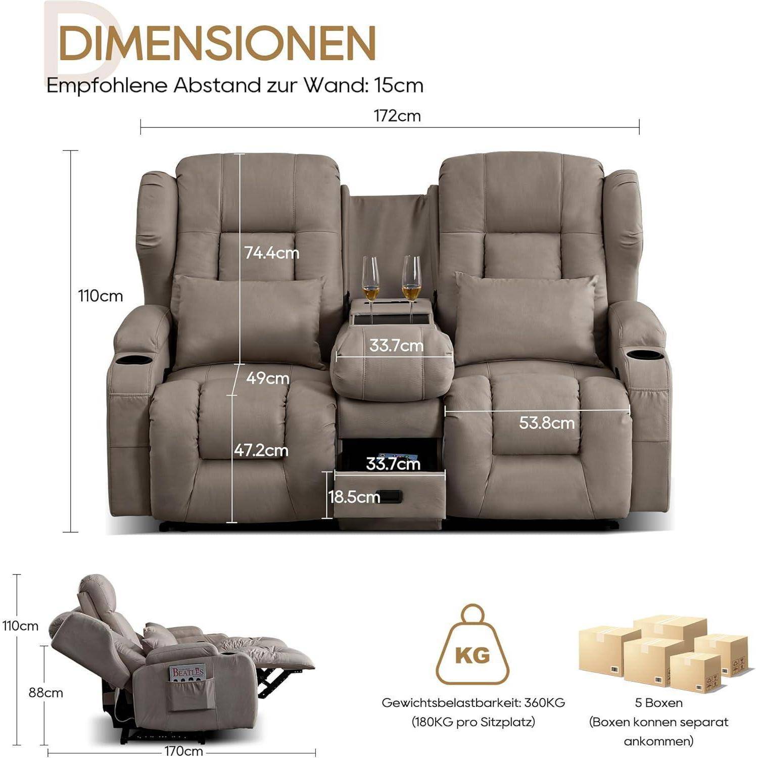 Maßstabgetreue Abbildung eines zweiteiligen Relaxsofas mit Mittelkonsole und Getränkehaltern, mit Größenmessungen: 172 cm breit, 110 cm hoch, 170 cm tief, Gewichtslimit 360 kg.