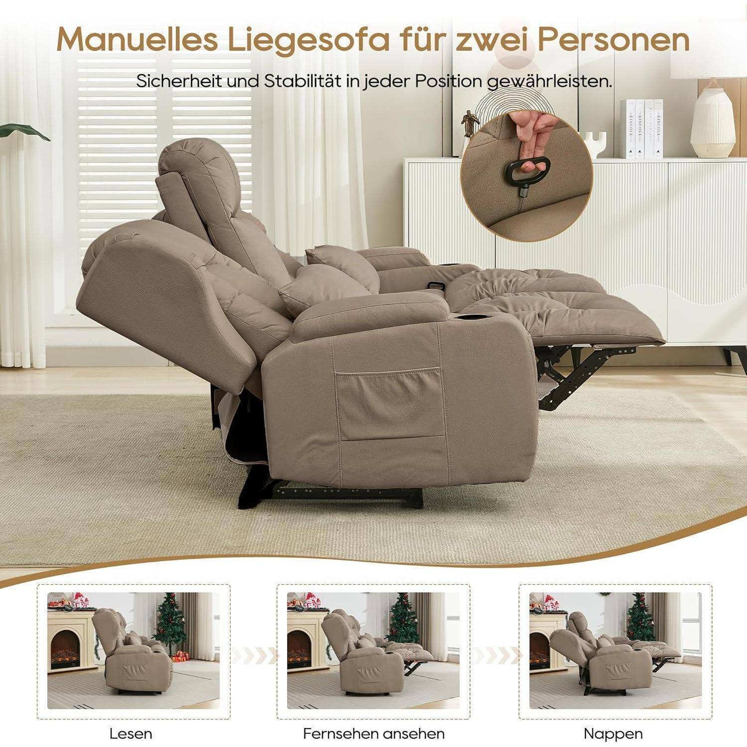 Werbebild von zwei beigen manuellen Relaxsesseln, das verstellbare Positionen zum Lesen, Fernsehen und Nickerchen zeigt; deutscher Text besagt „Manuelles Liegesofa für zwei Personen" und „Sicherheit und Stabilität in jeder Position gewährleisten."