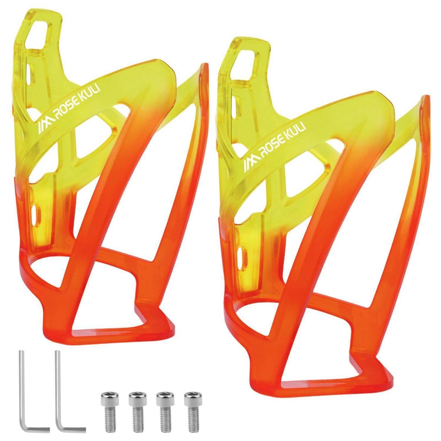 Paar gelb-orange ROSKULL Fahrrad-Trinkflaschenhalter mit Befestigungsschrauben und Innensechskantschlüsseln auf weißem Hintergrund.