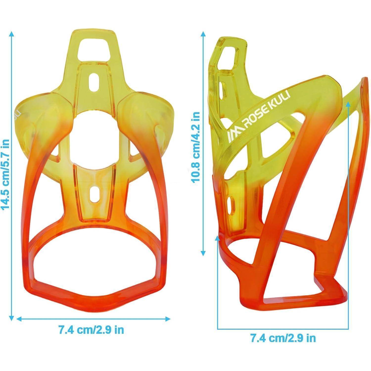 Orange und gelbes Fahrrad-Flaschenhalter, Vorder- und Seitenansicht mit Abmessungen: 14,5 cm Höhe, 7,4 cm Breite, 10,8 cm Tiefe.