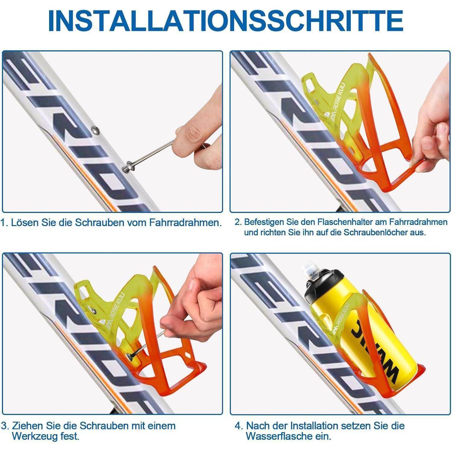 Installationsschritte für einen Fahrrad-Flaschenhalter: Rahmenbolzen lockern, den Halter ausrichten, Bolzen festziehen, dann eine Wasserflasche einsetzen.