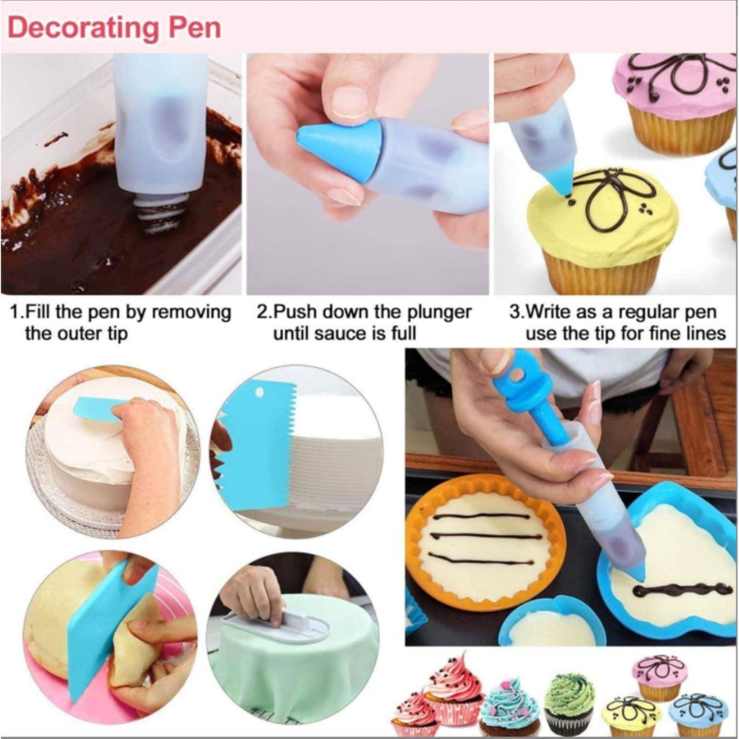 Illustration eines Dekorierbestecks, das mit Glasur gefüllt wird und wie ein Stift verwendet wird, um feine Linien auf Kuchen und Cupcakes zu zeichnen, mit Schritt-für-Schritt-Anleitung.