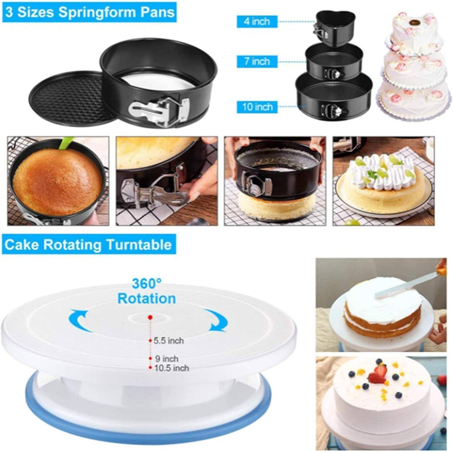 Werbebild mit 3 Größen von Springformen und einem 360°-drehbaren Kuchentablett, mit Beispielkuchen und Backverwendungen.