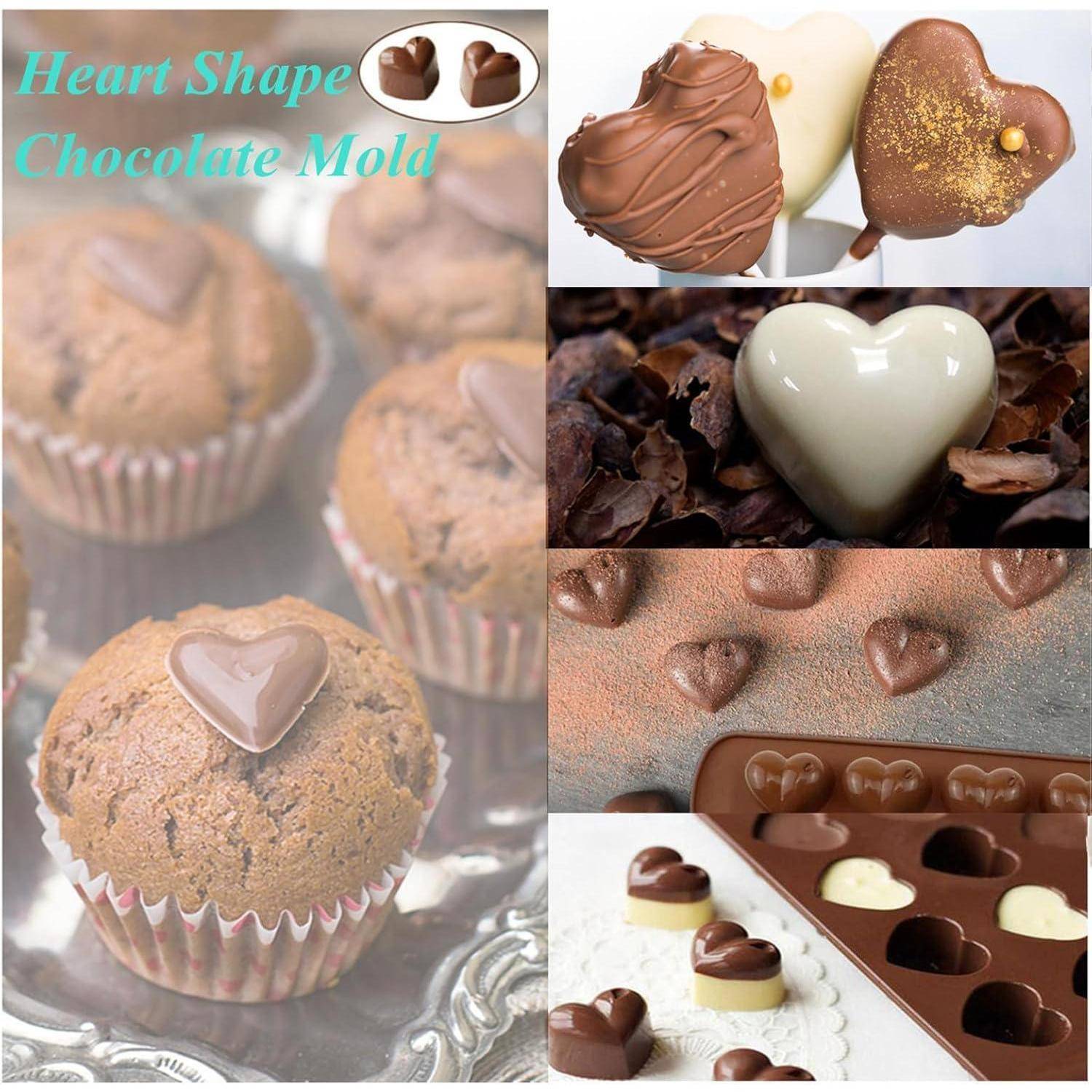 Collage, das eine herzförmige Schokoladenform und herzförmige Schokoladen zeigt, die zur Dekoration von Cupcakes und Desserts verwendet werden.