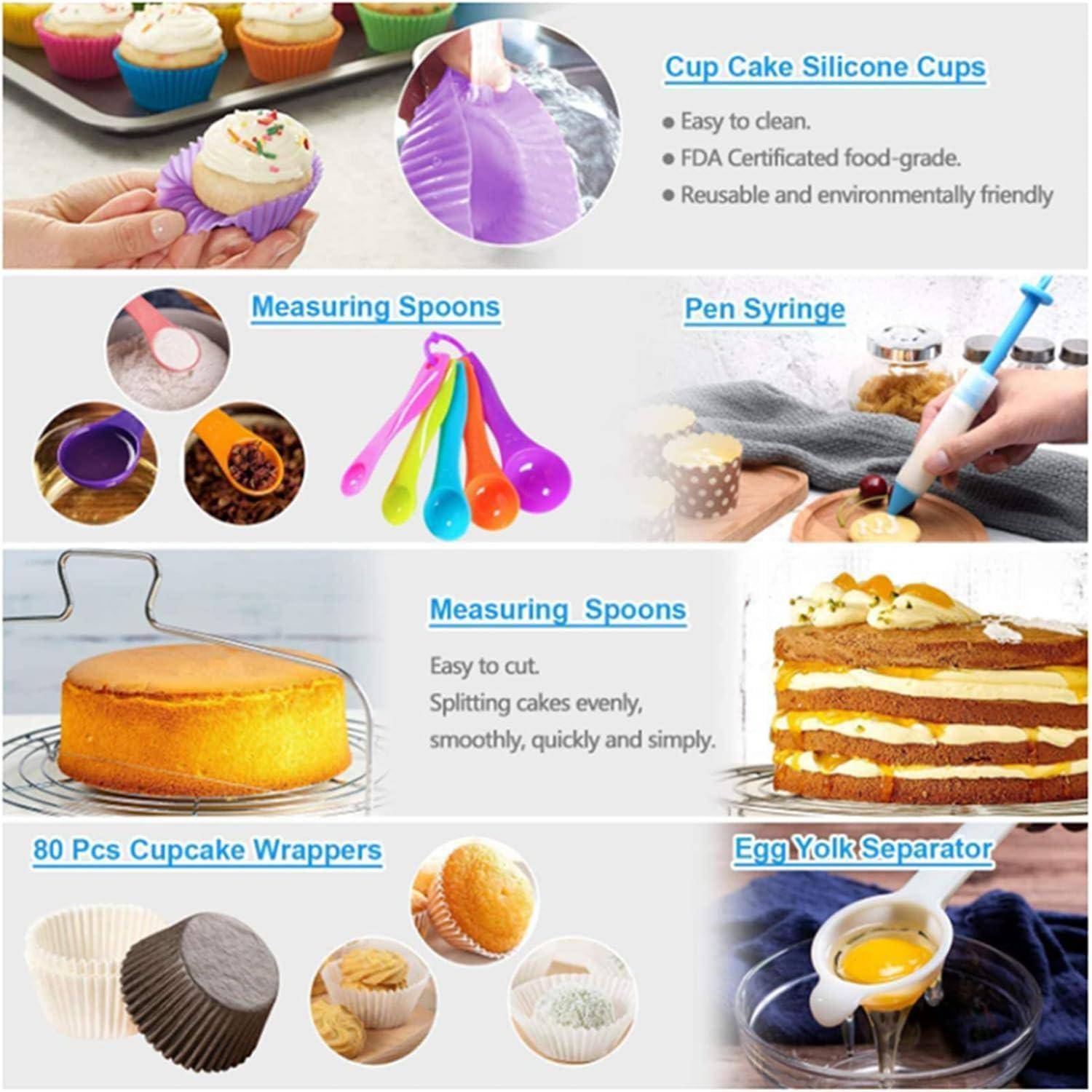 Collage aus Backzubehör und Accessoires: Silikon-Muffinförmchen, Messlöffel, eine Spritze mit Stift, Kuchenschneider, Muffinförmchen und ein Eigelbabscheider.